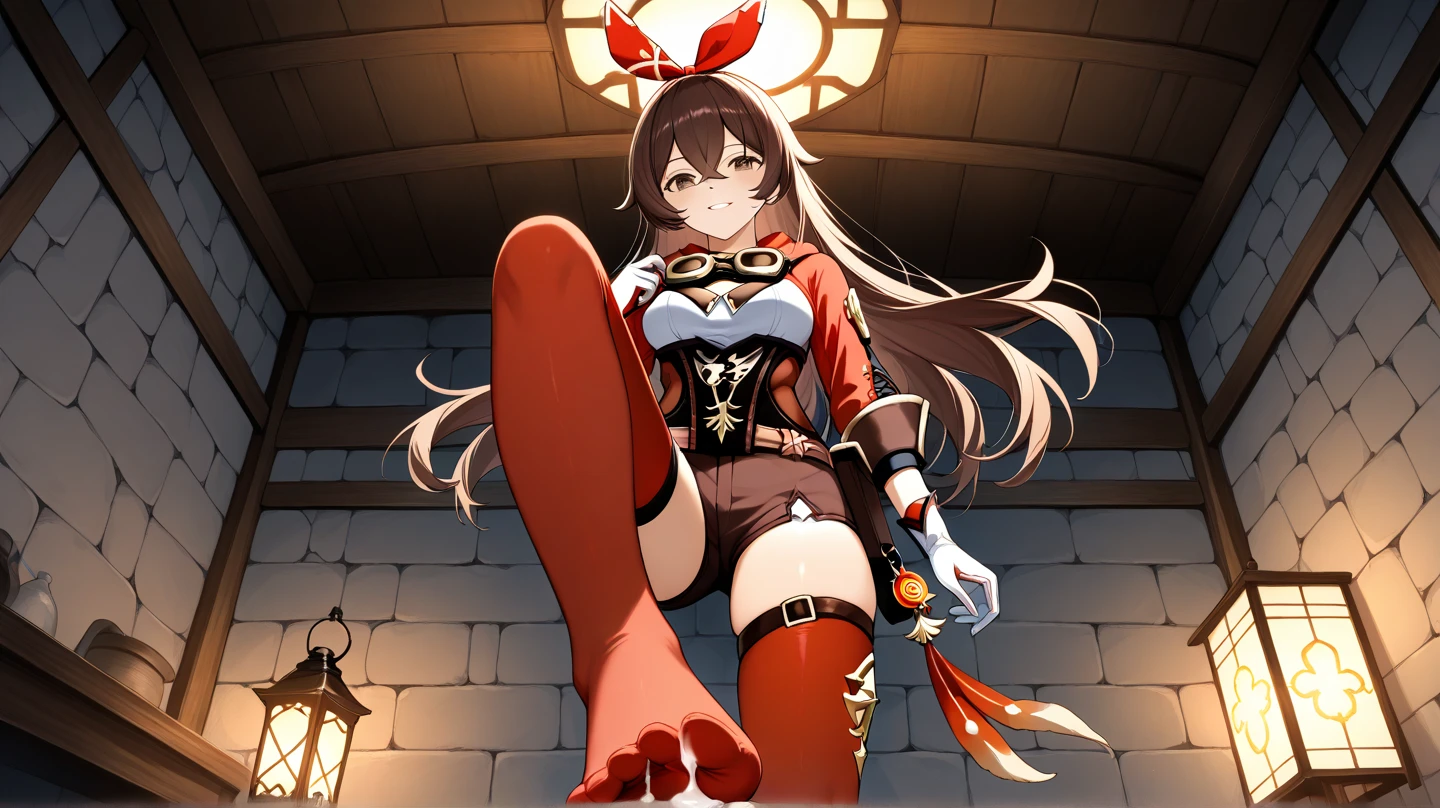 (masterpiece), best quality, expressive eyes, perfect face,1girl,klee,genshin impact,cleavage,big breasts,(thigh gap:1.5),((red surcoat:1.4)),(white stockings),(bare shoulders),meadow,(sunset:1.1),(clear sky:1.1),warm sunlight,soft shadows,looking at viewer,smiles, eyeshadows, eye liner,glistening eyes, hyper detailed eyes, intricate eyes, beautiful eye, glowing pupils、smilling face,sitting,reclining,seductive pose,hand on own chest,full body