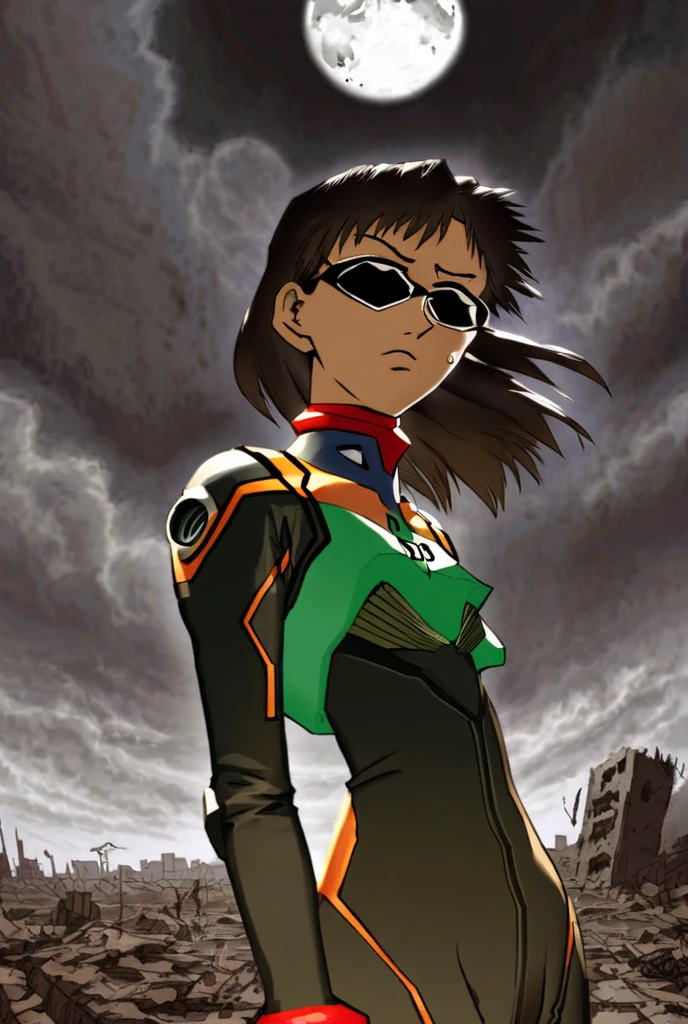 "A couple in the universe of *Neon Genesis EVANGELION*, with a futuristic and dystopian style.  The woman has black hair, slightly below the shoulder, with a growing fringe.  Her eyes are large , slightly pulled and light brown, and she wears a discreet piercing on the tip of her mouth. His costume is the EVA pilot uniform, with visible wear , as if he had experienced several battles. She has a serious and determined expression, with a dot below the eye and a rounded face.  

The man has long dark hair, with an eyebrow piercing and wearing square glasses. His nose has indigenous features, and he also wears the pilot uniform of EVA, marked by dirt and damage from the battles.  His expression is intense , reflecting the weight of the struggles he faced.  

The background shows a devastated landscape, with ruins of Tokyo-3, wreckage and a full moon illuminating the cloudy sky. The environment is dark and apocalyptic, transmitting the tension and chaos of the universe of *Evangelion*."