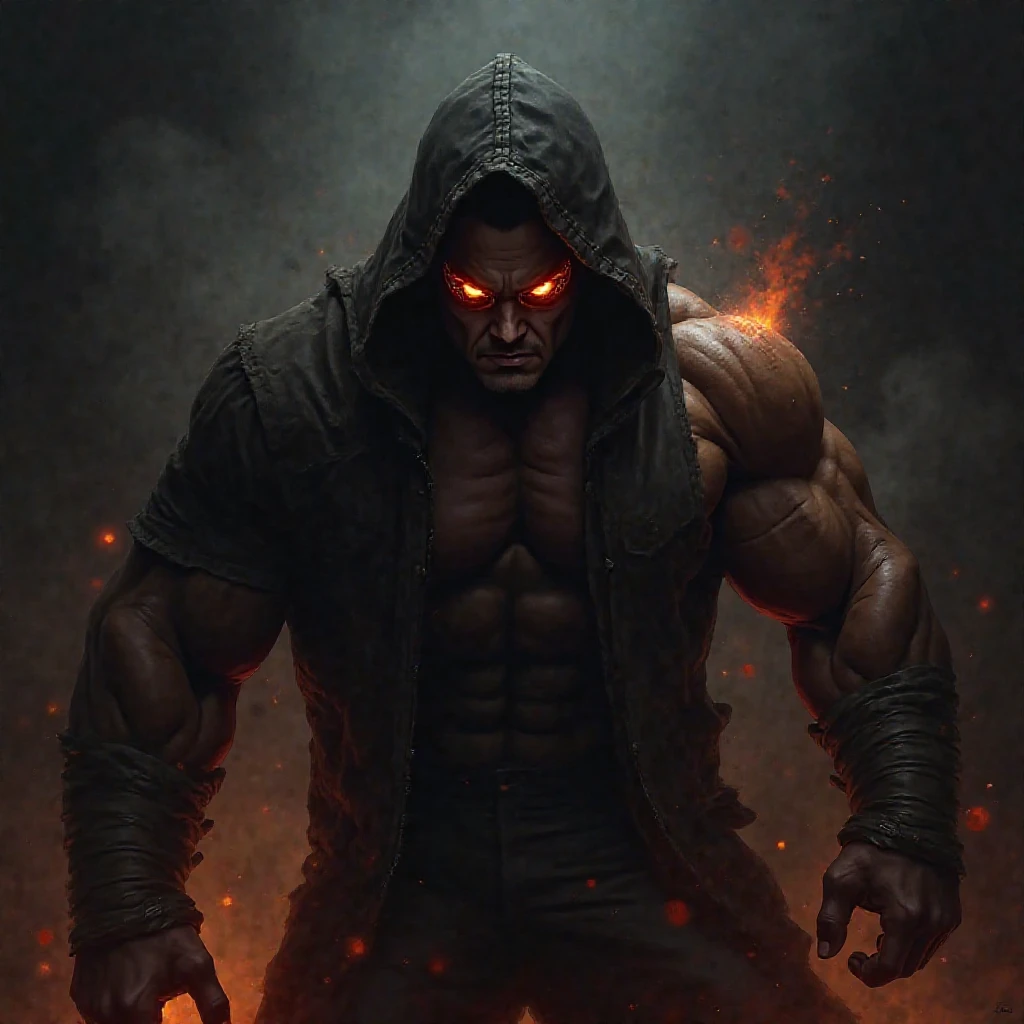 An anime legend of a black Brazilian man, very strong and muscular with eyes literally on fire.
With a malicious and dark look. In an abandoned house and a chaotic scene.