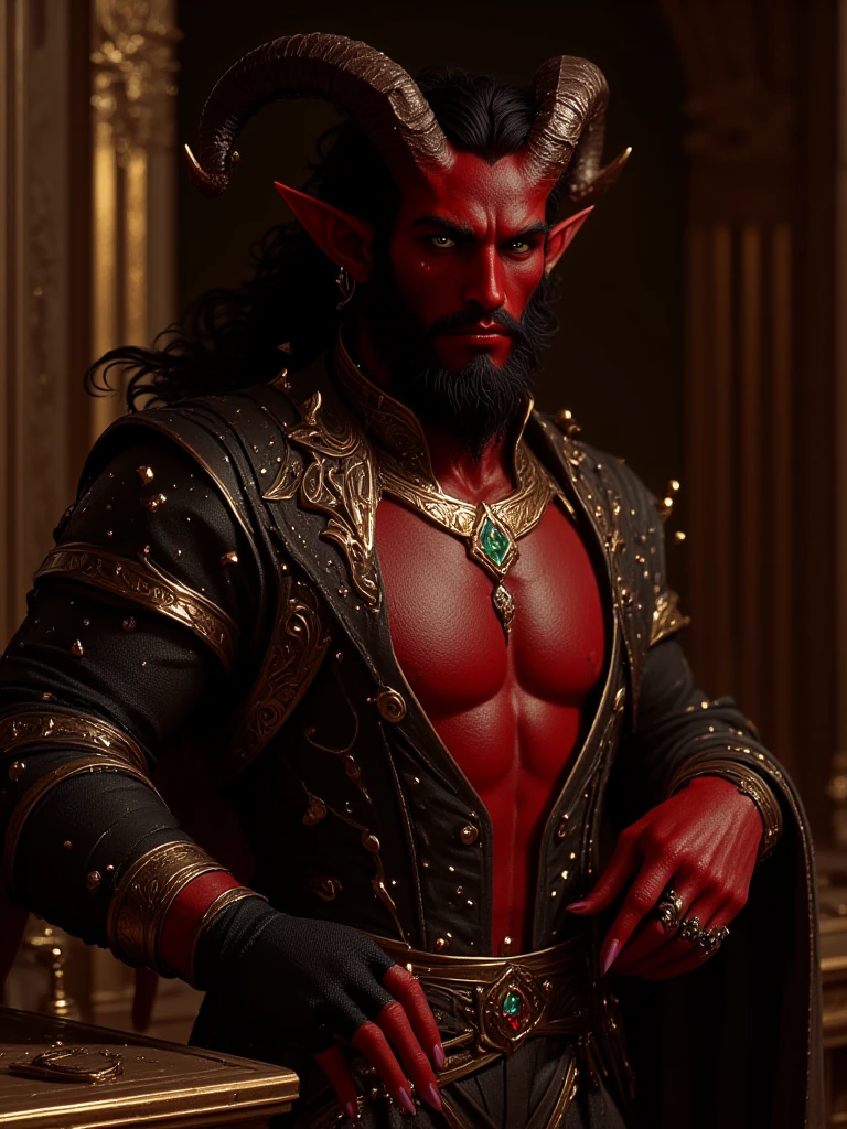 Male tiefling, red skin, black hair, medium beard, muscular body, aristocratic clothes, emerald necklace, sapphire ring, wine drinking