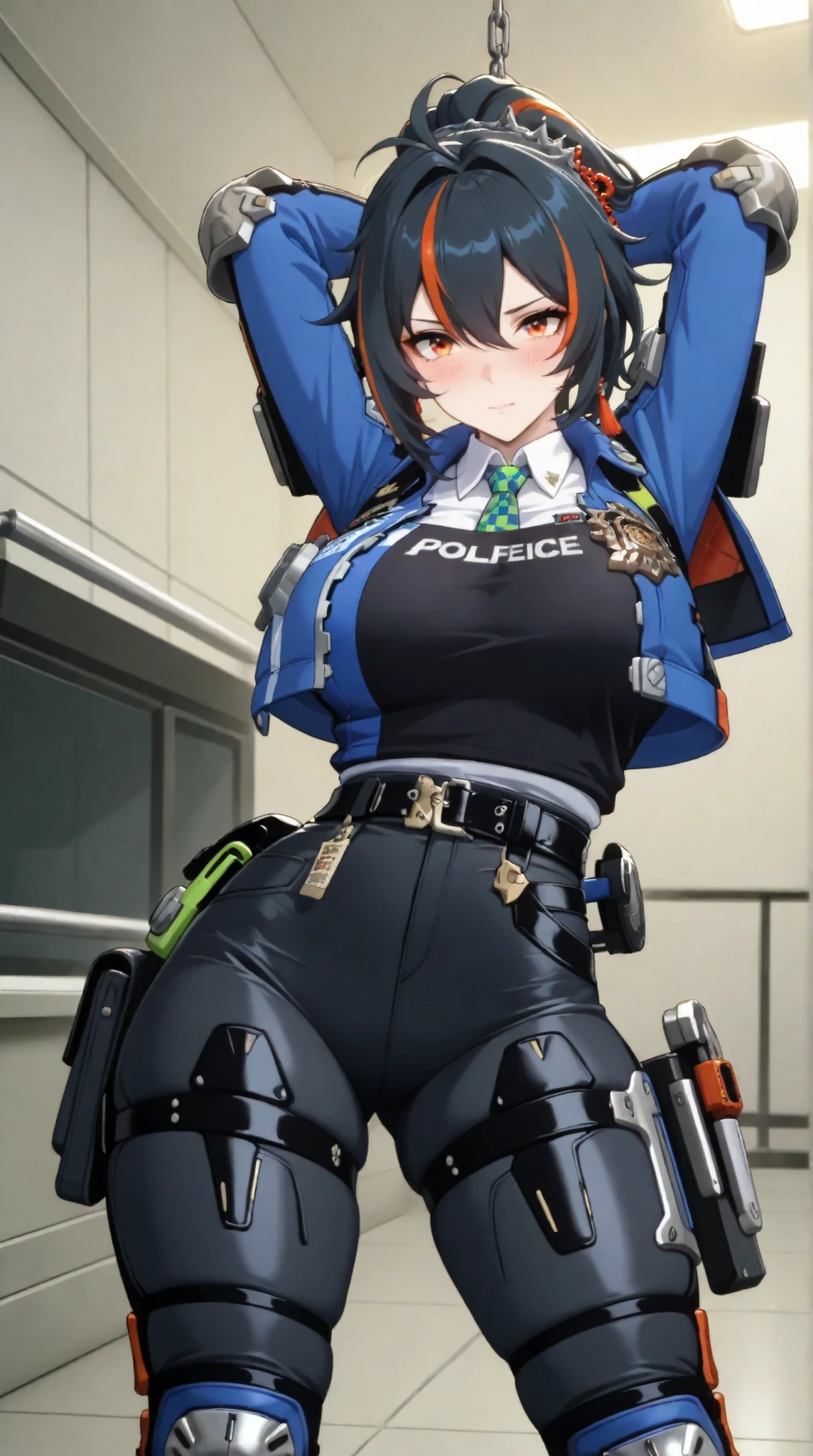 masterpiece, extremely detailed,perfect skin texture,4k,solo,1girl ,((fullbody)),zhu yuan,stand up,sexy pose,ponytail streaked hair,blush,police uniform, blue jacket, cropped jacket, long sleeves, black vest, two-tone vest, black gloves, green necktie, plaid necktie, black pants, high-waist pants, belt, thigh straps, knee pads, holster, tight pants, blue footwear,mature,sexy legs,perfect body,large breasts,arms tied behind head,high detailed, best quality, upper body, photography,cowboy shot,looking at viewers,white plain background
