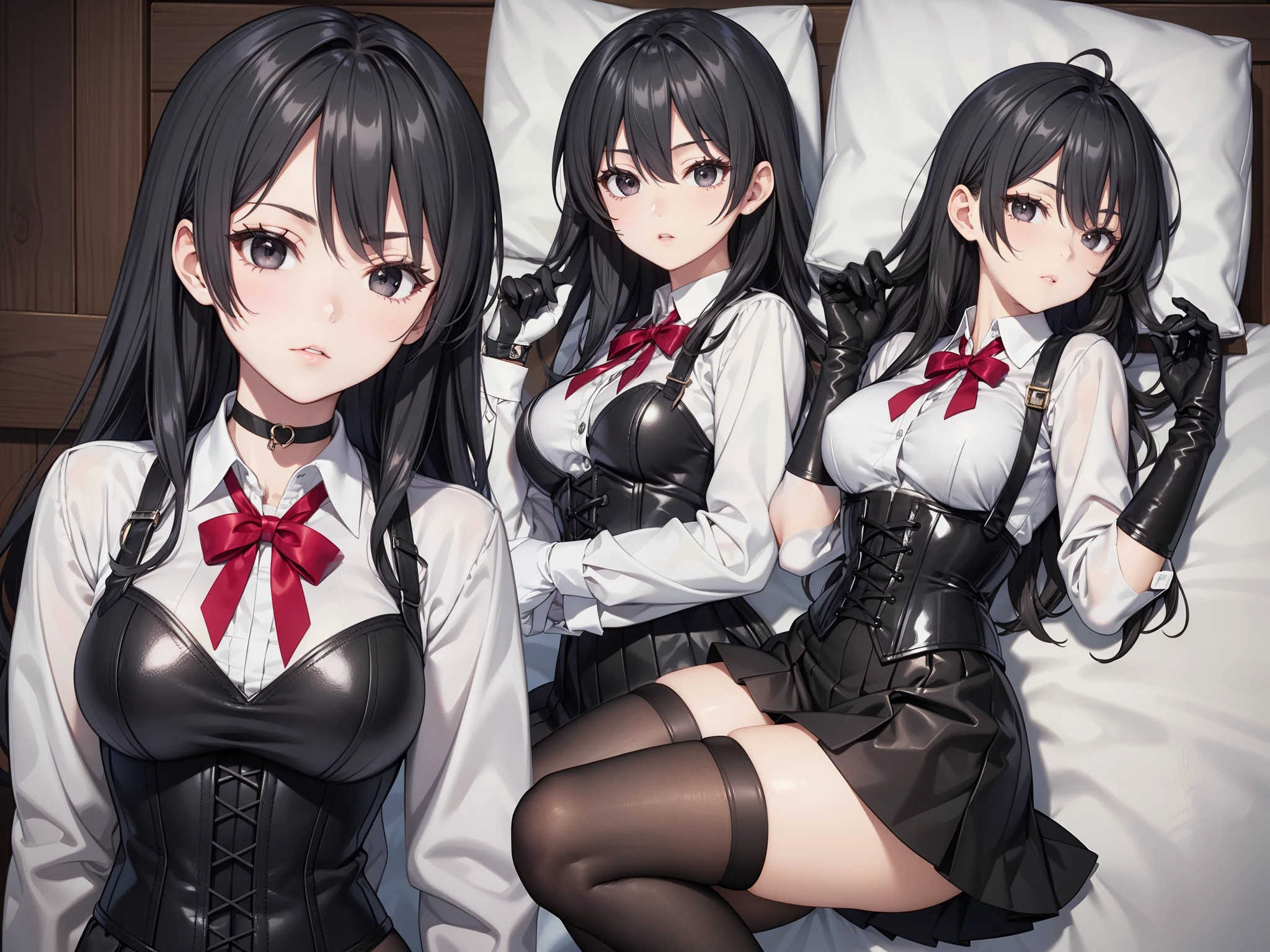 Masterpiece, beautiful art, professional artist, 8K, sciamano240 art style, very detailed face, detailed clothing, Detailed fabric, (A young girl of short stature), (lying in bed), perfectly drawn body , beautiful face, closed lip vest, (long black hair), black eyes, very detailed eyes, serious expression, detailed lips, choker:1.6, (long sleeve buttoned white collar shirt), black gloves, gloves that cover my hands , (black leather corset), (short black skirt), ( brown stockings), show details in the eyes,