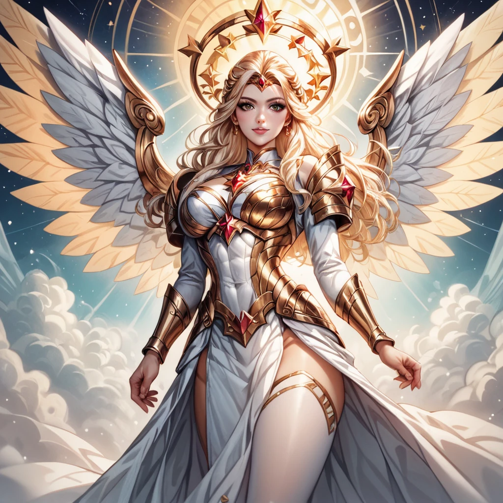(masterpiece), (best quality), (high detail), nsfw, best quality, extremely beautiful, beautiful face, angel woman, two huge golden wing, revealing armor with open front skirt, very long dark hair