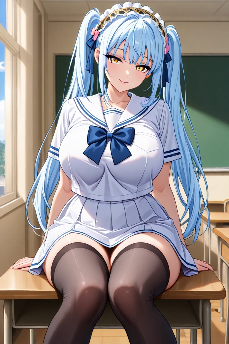 Young Hatsune Miku、girl、独奏、blush、(Huge breasts:1.2)、girl、Kindergarteners、、6 years old、、、be happy、Striped panties、Frills、Long skirt、waitress、Clothes are see-through、From below、Wet clothes、Transparent nipples、Squat with your legs apart