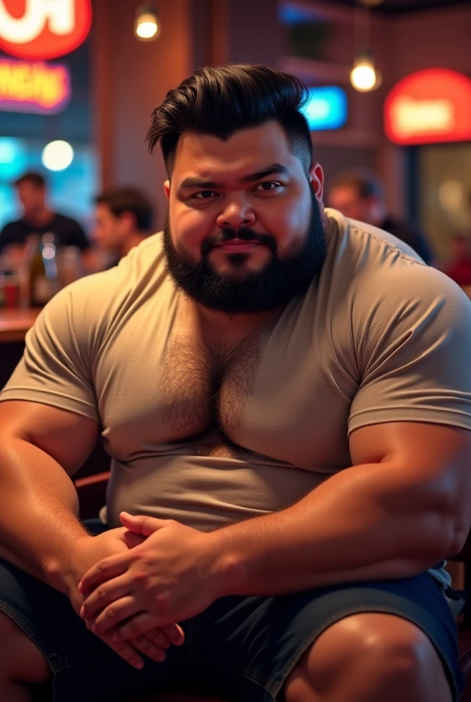 A group of beefy bearded Asian man with a more bigger body size, big beer belly, pumped chest, tribal art style tattoos, authoritative and protective expression, sweating, squeezing his chest, hugging from behind, wearing a werewolf fur, purple lights, flowers background, low angle camera, add bandage around his body, snuggled to his chest, dancing on a party