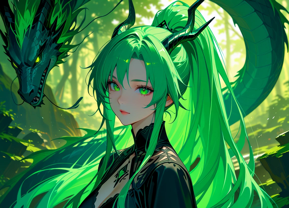 masterpiece, best quality, 1girl, (finely detailed beautiful eyes and detailed face), cinematic lighting, full body shot, long hair, green hair, (green skin:1.5), colored eyelashes, brown eyes, small breasts, fully clothed dress, thick long dress, forest, flowers, succulent plant, (Colorful:1.3), naughty face, giga_busty