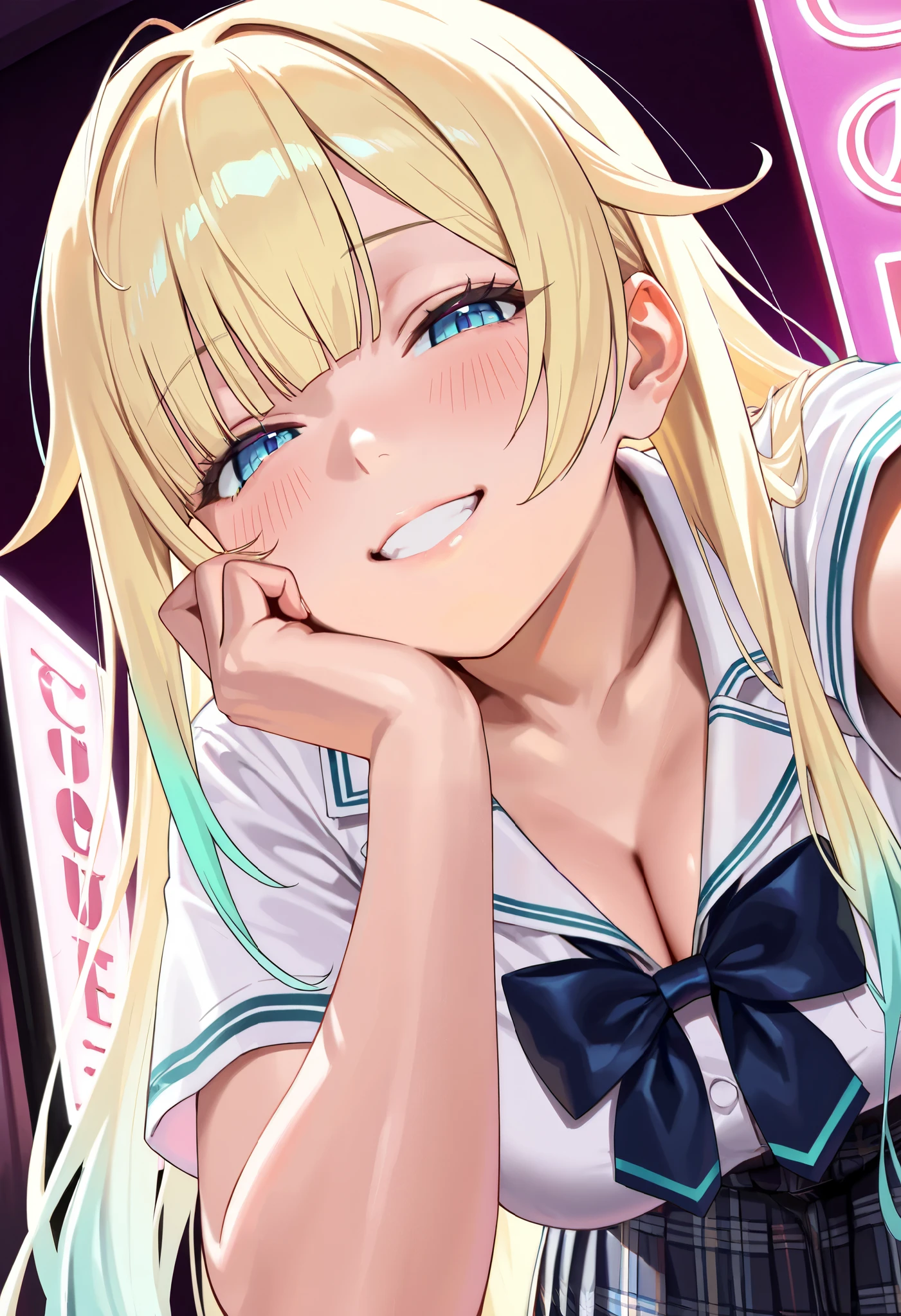 NSFW, POV, from below, upper body, face to face, (virtual youtuber, 1 girl, solo), (aizawa ema, naughty grin, blue eyes, half closed eyes, looking down at viewer, blonde hair, aqua hair, gradient hair, long hair, very long hair, blunt bangs, beautiful breasts, cleavage, school uniform), seductive pose, leaning forward, bedroom in love hotel, indoor, night, pink light, (perfect face, beautiful face, perfect hand, perfect five finger), (Top image quality, 16K picture quality, masterpiece, ultra resolution, realistic, ultra detailed, perfect quality, perfect anatomy, perfect body)