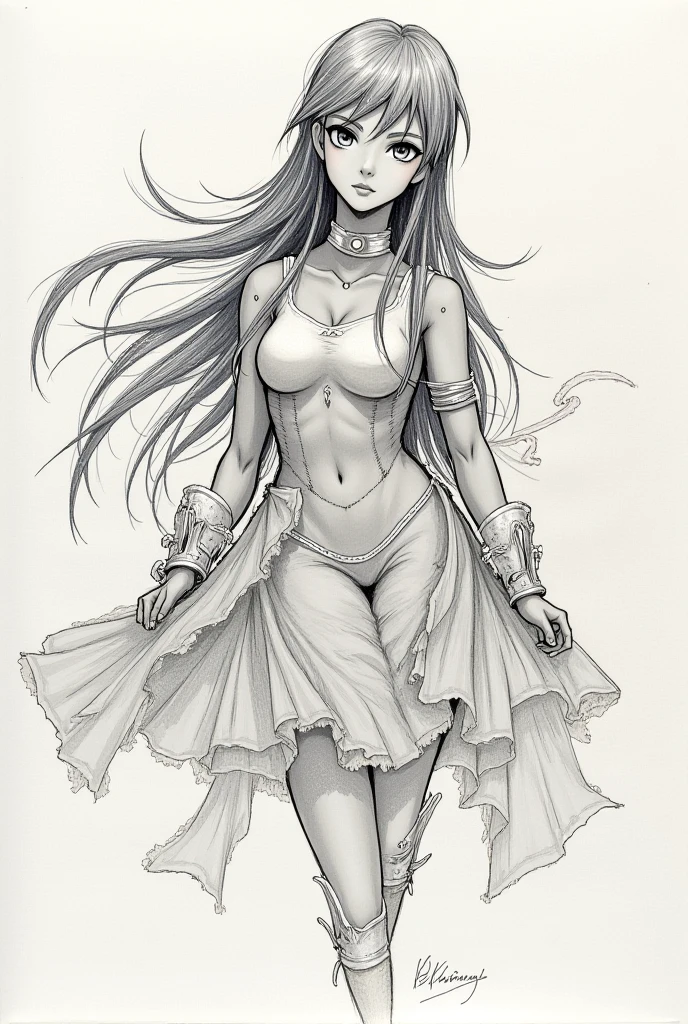 Drawing Lessons, top-quality, Poses, Correct anatomy, Beautiful body curves, Sketch beech, Daily Draw, vestments, Pencil、black-and-white、monochromes、Granblue Fantasy、Hair falls on the shoulders