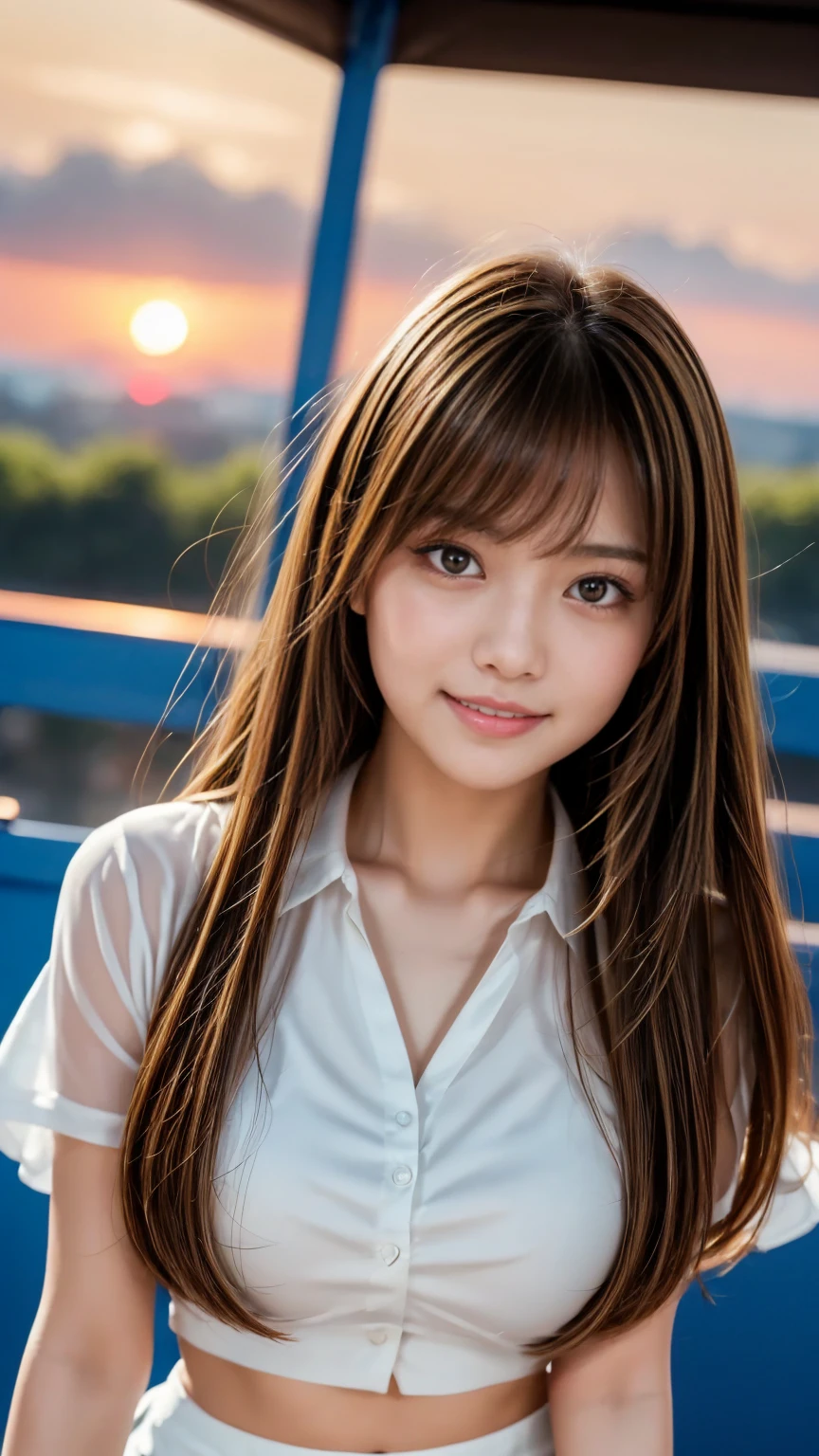 masutepiece, Best Quality, 8K, 15yo student, Teen, Raw photo, absurderes, award winning portrait, Solo, Night, neons, Idol face, violaceaess, gardeniass, Delicate girl, Upper body, Digital SLR, Looking at Viewer, Candid, Sophisticated, zora々Right, Smile, Thin arms, Professional Lighting, Film grain, chromatic abberation, (Eyes and faces with detailed:1.0), (Bokeh:1.1),twintails hair style,