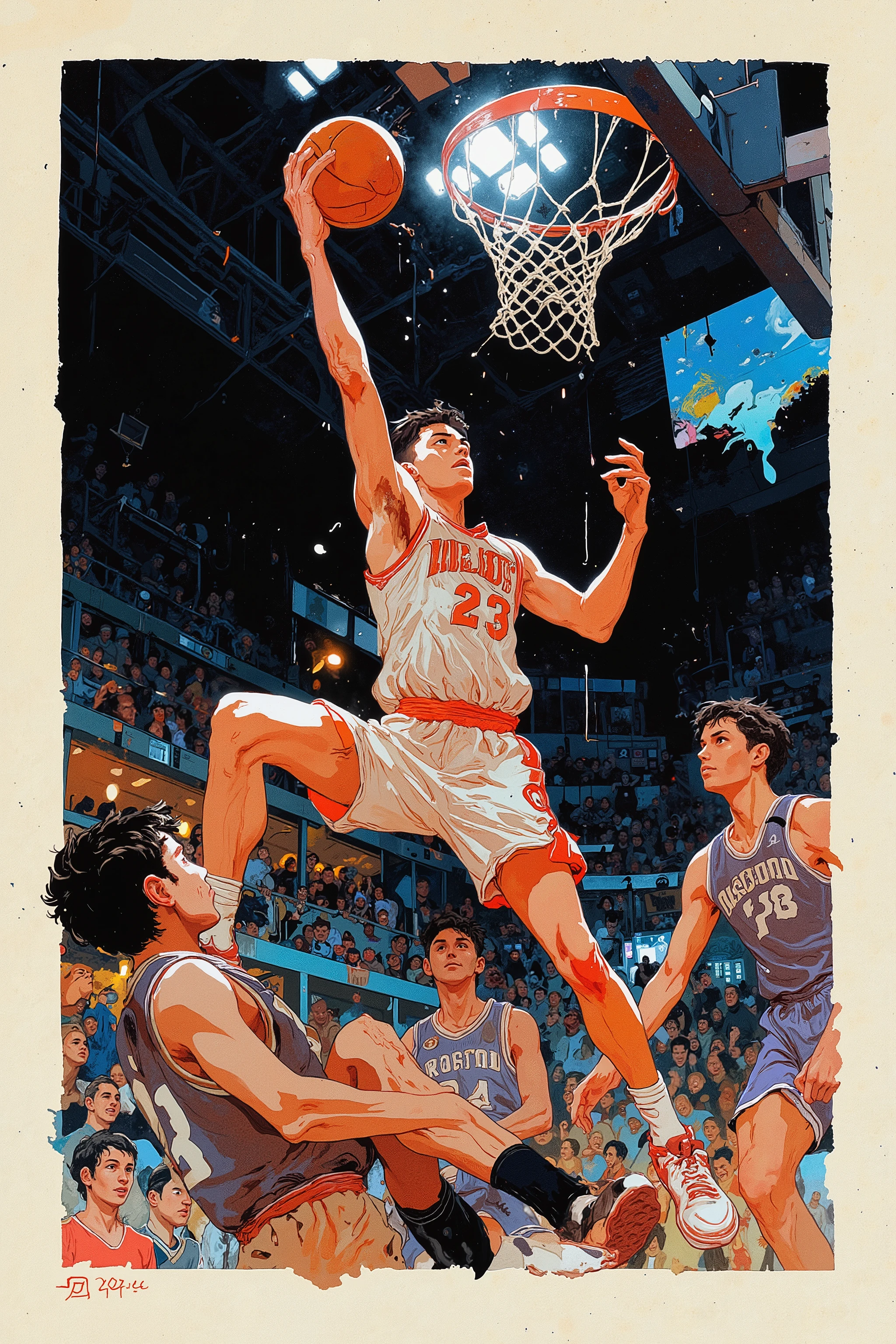 ((best quality))、(super high image quality)、(Super Detail)、(detailed description)、(Best CG ))、(masterpiece)、ArsMJStyle、(Zen ink wash painting)、slam dunk_Mitsui Hisashi、Mitsui Hisashi's 3P shot、(SPARK exciting three-point shot、angle from directly below)、when you give up the game ends there、realistic expression、age up 、 cowboy show 