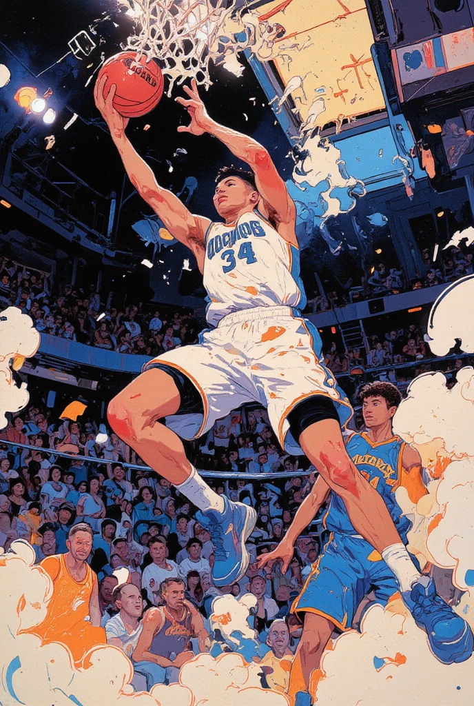 ((best quality))、(super high image quality)、(Super Detail)、(detailed description)、(Best CG ))、(masterpiece)、ArsMJStyle、(Zen ink wash painting)、slam dunk_Mitsui Hisashi、Mitsui Hisashi's 3P shot、(SPARK exciting three-point shot、angle from directly below)、when you give up the game ends there、realistic expression、age up 、 cowboy show 