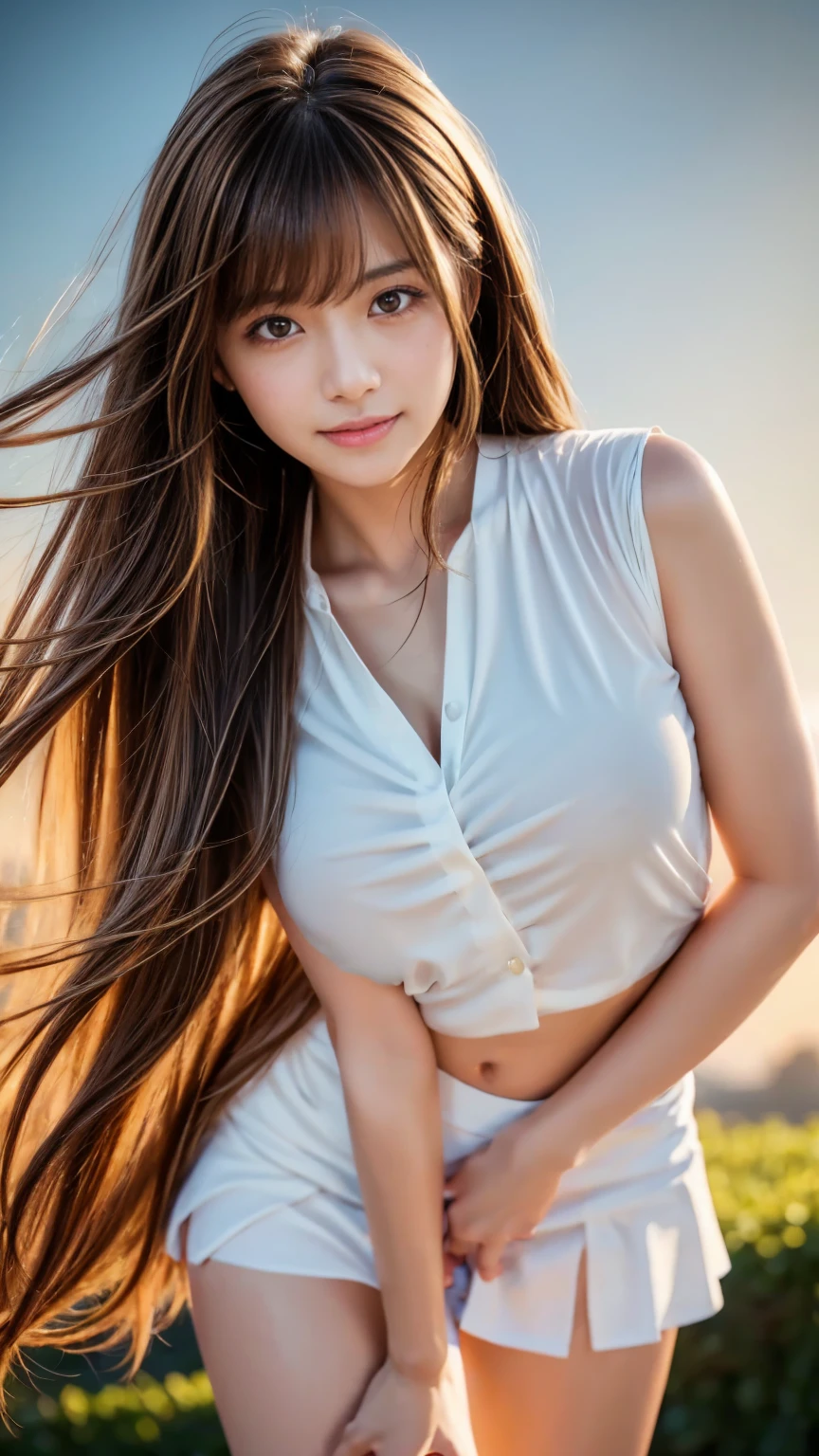 masutepiece,Best Quality,Ultra-detailed,High resolution,Unity 8k壁纸,super detailed skin,Cinematic lighting,Beautiful detailed eyes,Ideal ratio body proportions,long hair,wave hair,lightbrown hair,slender,smile,cute girl,japanese idol,