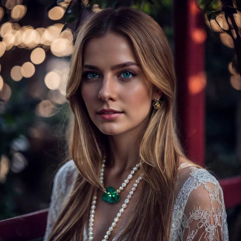 a blond woman, photorealistic portrait, detailed facial features, serene expression, elegant posture, golden hair glowing, emerald green eyes, delicate makeup, pearl necklace, lace dress, outdoor garden setting, warm sunlight, soft focus, high resolution, 8k, masterpiece, intricate detail, oil painting, classical portrait style