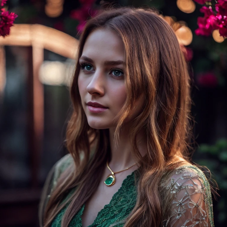 a blond woman, photorealistic portrait, detailed facial features, serene expression, elegant posture, golden hair glowing, emerald green eyes, delicate makeup, pearl necklace, lace dress, outdoor garden setting, warm sunlight, soft focus, high resolution, 8k, masterpiece, intricate detail, oil painting, classical portrait style