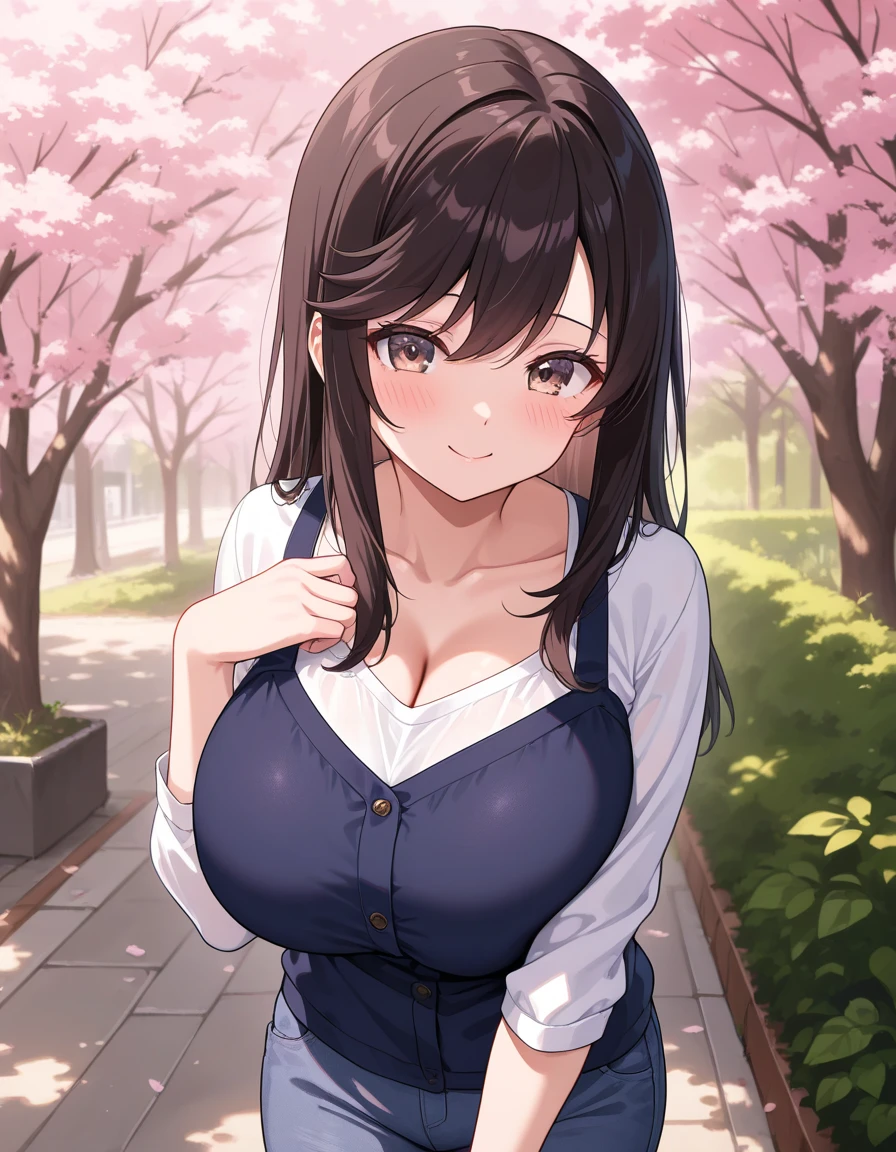 (best quality, ultra-detailed, photorealistic: 1.39), bright and vibrant colors, studio lighting, romantic expression, An effeminate girl, with a delicate and beautiful face. She is a girl who reflects seductive beauty, sparkling eyes, A beautiful adult woman beautiful and voluminous curly black hair, hair clip, crying a seductive 2 woman with big breasts seduces, with her large breasts seduces, white jacket, lace blouse, pleated schoolgirl skirt, her in a lively pose, wide smile with open mouth, wanting attention, with her blue eyes, in a beautiful pose demonstrating her seduction in the park at night, cherry blossom festival lighting, cherry blossom trees, night with soft lighting, anime style, like a manwha character