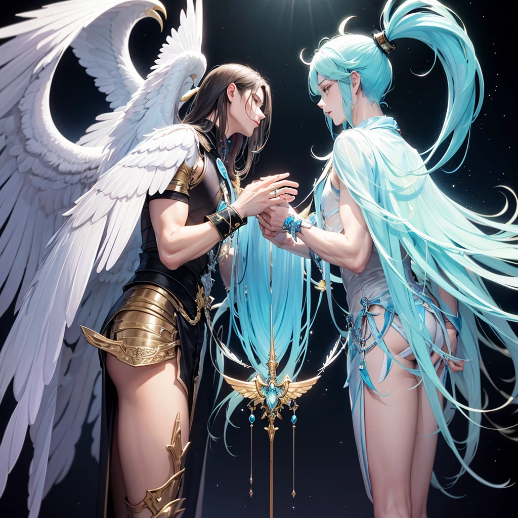 (Masterpiece, best quality), detailed, 1 man, ((character concept art)), ((character design sheet, same character, front, side, back)), full body, body complete, 1 Male angel, 1 Man angel, Detailed face, character design sheet,full bodyesbian, Highly detailed, character sheet, character design, Many parts, dark skin, angel wings, long blue hair, angel outfit, muscle male god, male clothes, masculine, muscle man, male muscle, manly, male angel, Muscle male long blue hair,beautiful man, beautiful muscle man, abs, pectoral muscle