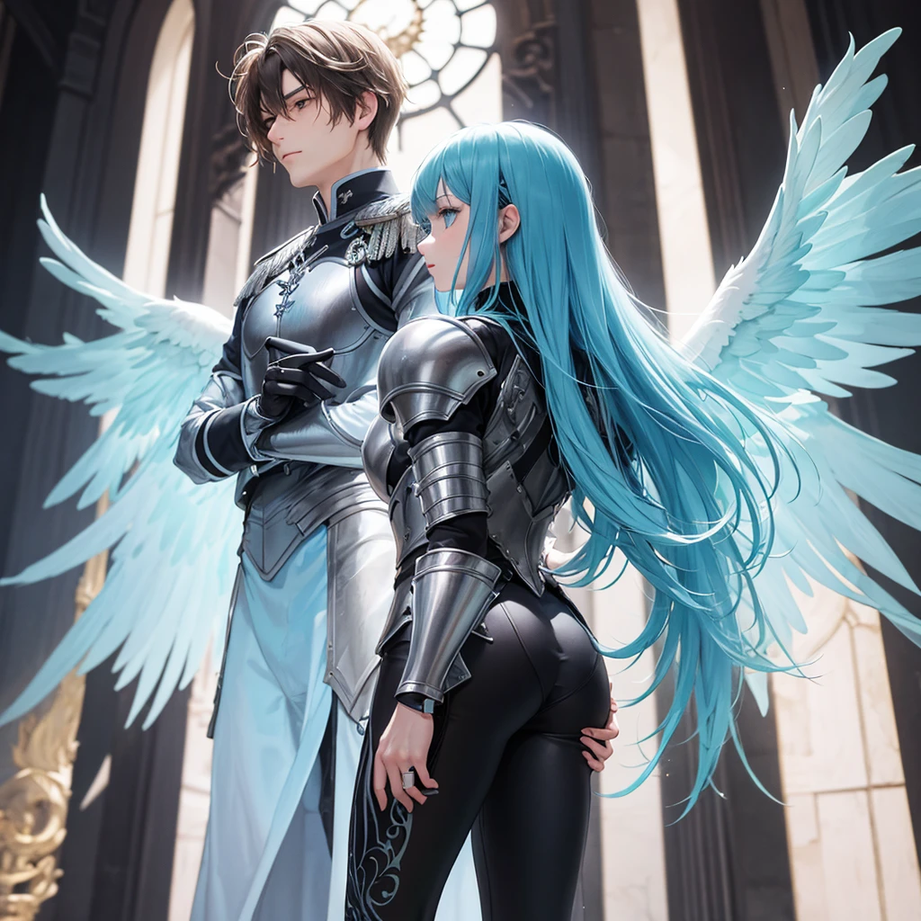 wide wide shot,(Best quality,Masterpiece:1.2),(A cyborg),(独奏:1.3),Rabbit ears,Colored hair,(She has a pair of huge feathered wings),gold,perfectly proportions,(Metal mechanical limbs),(Footwear),Slim,Shiny metal。(Facing the lens,Central symmetry),standing on your feet,(futuristic street),Vibrant colors,The lighting is dramatic, Bright areas contrast strongly with deep shadows, creating a sense of depth and dimension. The overall composition is vibrant and captivating, Grace, There is also a touch of mystery.