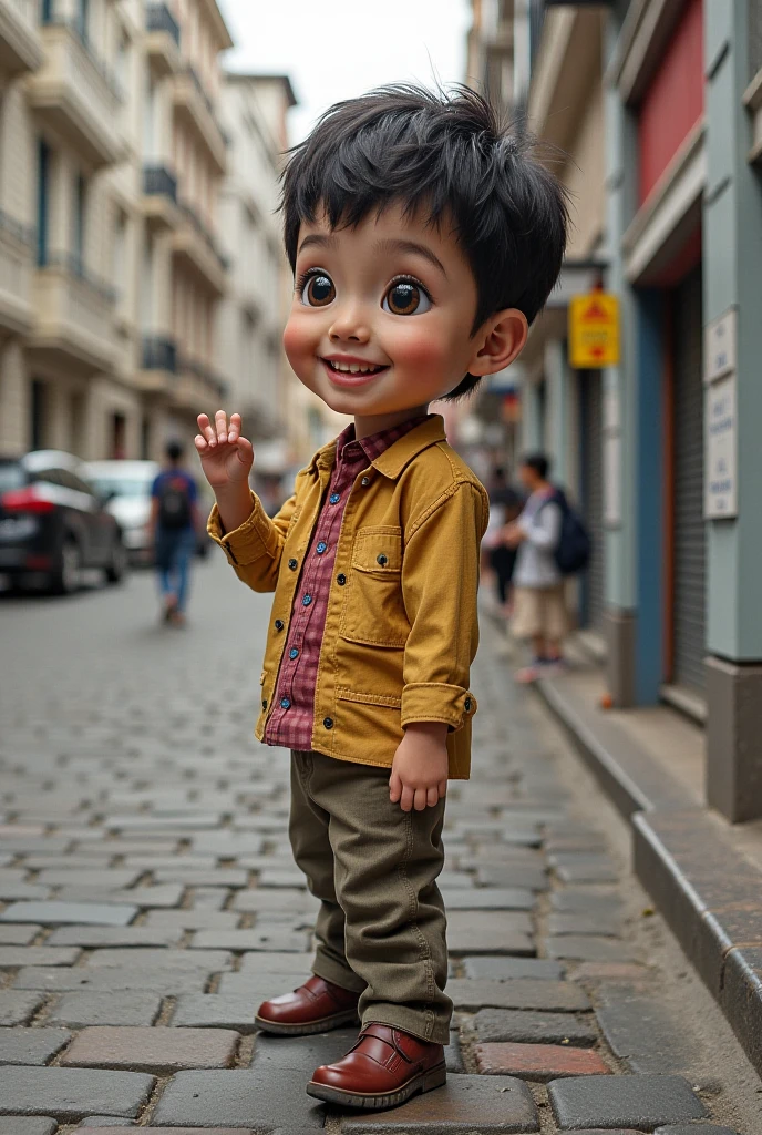 create an image of a brave boy, various poses and expressions, who finds a mysterious creature in the attic of his house, children's book illustration style, simple, cute the 6 years old boy, short brown hair, plain color, shirt white short-sleeved, stylish.
 The creature is scared and needs help finding its way back home. create 4 persuasive and loving images, where one of the photos shows him scared, and the others where he shows that the characters are friends --auto