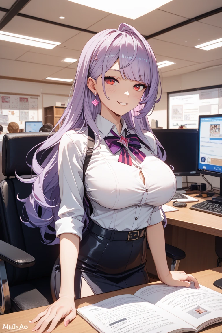 ((masterpiece, best)), (1girl), (mature woman), light pink hair, open-chest seduction, flared, (office lady), bangs, big breasts, glasses lady, (full), slim, smile, [wide hips], office, standing, aru \ (blue file), 8K picture quality, sexy seduction, (open-chest suit)
