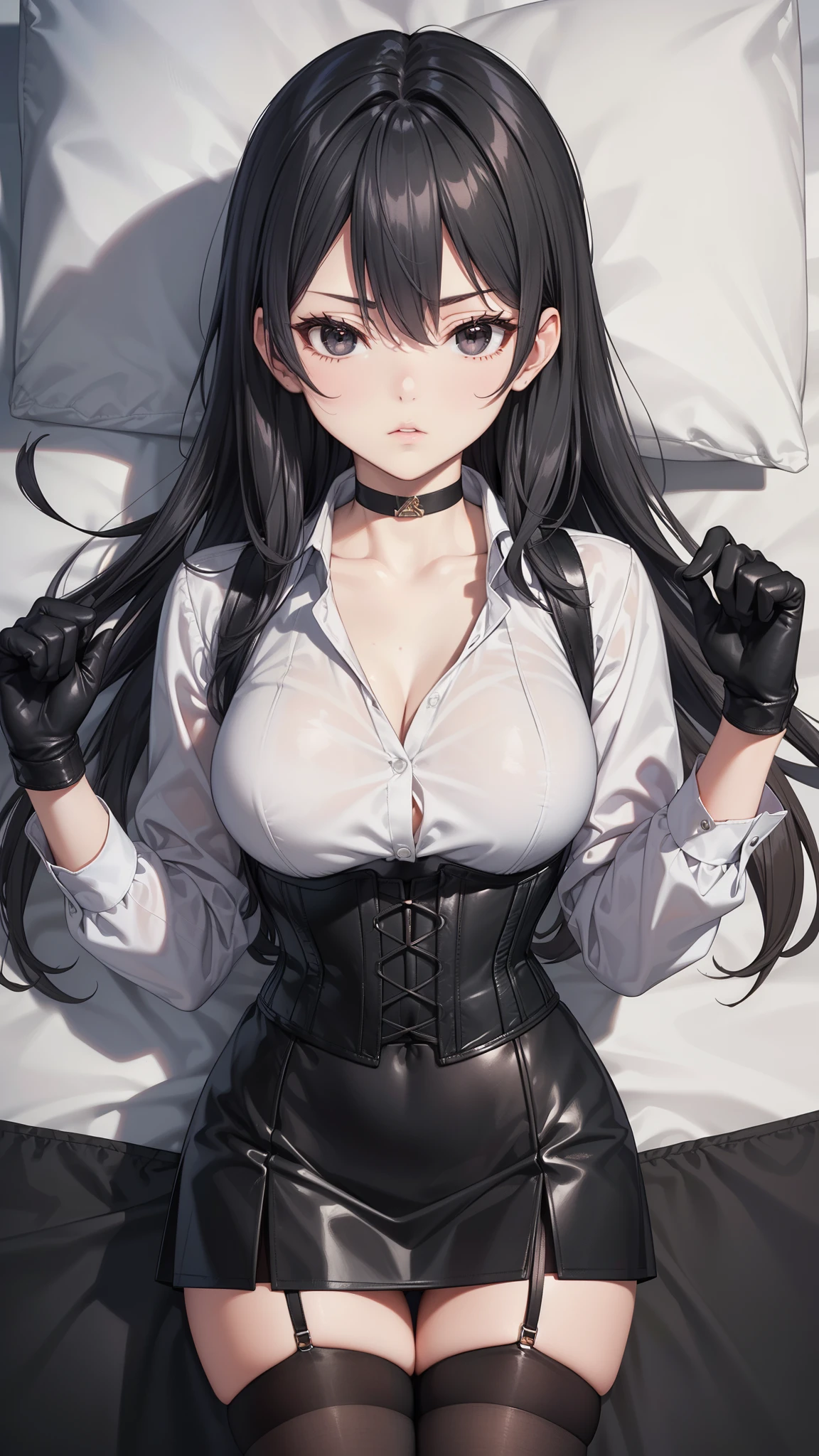 masterpiece, Superior image quality, High resolution, 4k image,photo and gross, photorealistic, whole body, 1 young teen girl, lying on a bed {{{vagina}}}, beautiful face, long black hair, closed eyes, pink cheeks, sleeping expression, choker:1.6, (white collar button down long sleeve shirt), black gloves, gloves that cover hands, (black leather corset), (shiny black miniskirt), Sensual Lips, view from above, looking at the viewer, elegant room, at night