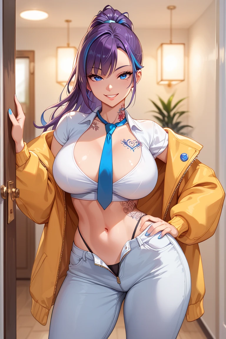 //Loras\\
<lora:GoodHands-beta2:1.2>
<lora:naked_hoodie:0.7>
//Character Info\\
(( 1girl, (( solo, adult, )) , (( dark blue hair, yellow eyes, )), very long hair, bangs, sidelocks, high ponytail, yellow bow, hair bow, (( huge breasts)), happy, thighs, groin, )),
//Clothes and Pose\\
((( (( naked hoodie, open clothes, partially unzipped, [purple clothes], choker, )), ((( standing, ))) , ))),
//Background\\
(( simple background, blank background, )),
//Dynamic Pose and Angles\\
( dynamic pose, dynamic angle, nice hands, perfect hands, ),
//Image Definition\\
((masterpiece, best quality, cinematographic lights, ultra detailed, detailed face, perfect eyes, detailed skin, bokeh, )),