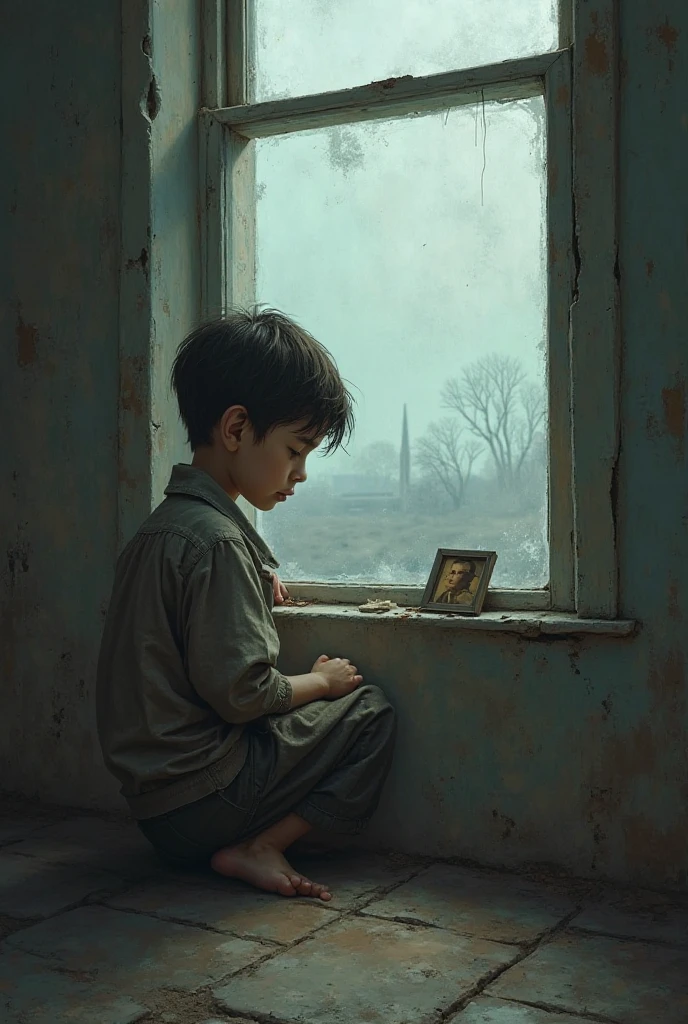 A little boy,wearing a half pant and t shirt, sitting on wall , with photo of his father