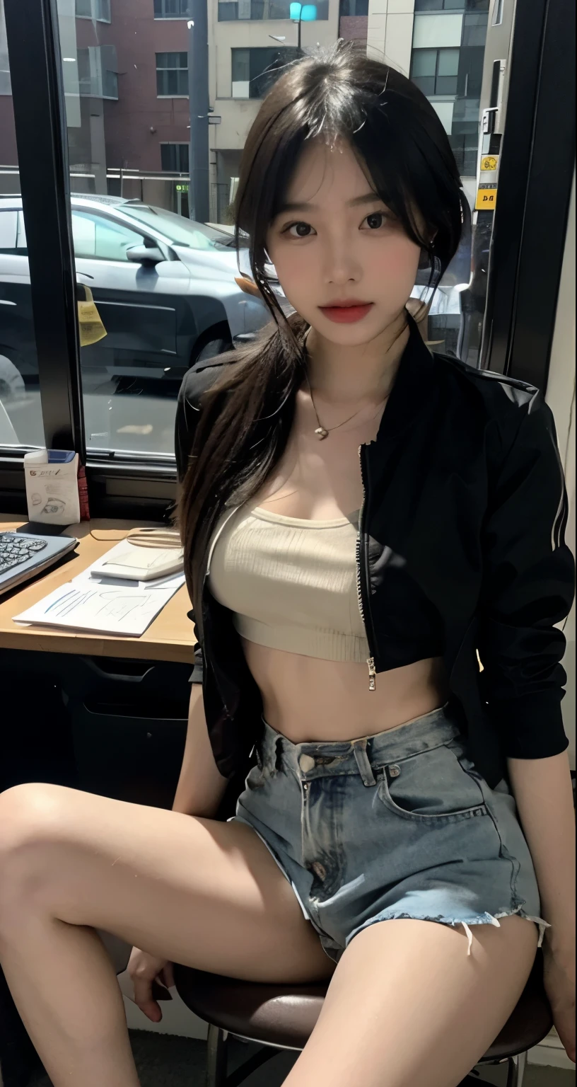 Best quality,masterpiece,Ultra High Details,photorealistic,1girl,solo,looking at viewer ,studio light, sexy skinny cute girl ,dark office sitting on the desk , night city background, shading, wearing sexy cute clothes , thin jacket, lipgloss, skinny waist, skinny legs, small butt , small breasts , hotshorts
