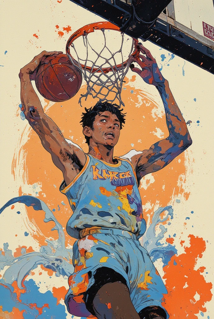 ((best quality))、(super high image quality)、(Super Detail)、(detailed description)、(Best CG ))、(masterpiece)、ArsMJStyle、(Zen ink wash painting)、slam dunk_Mitsui Hisashi、Mitsui Hisashi's 3P shot、(SPARK exciting three-point shot、angle from directly below)、when you give up the game ends there、realistic expression、age up 、 cowboy show 