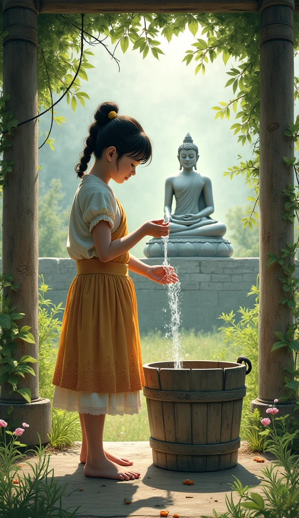 The girl bravely drawing water from the well and offering it to Buddha with determination.