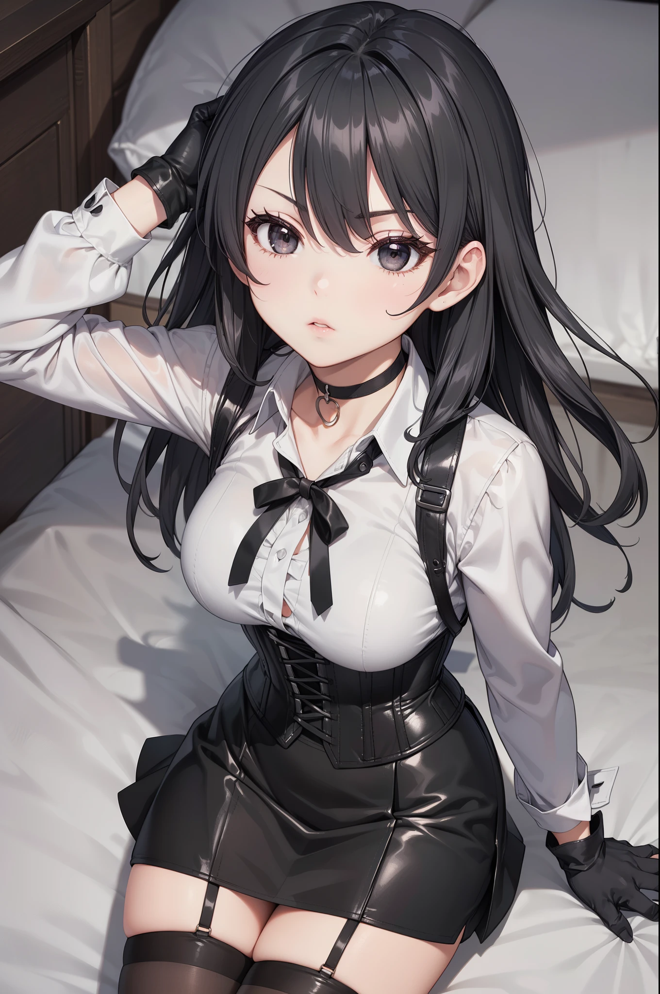 Masterpiece, beautiful art, professional artist, 8K, sciamano240 art style, very detailed face, detailed clothing, Detailed fabric, (A young girl of short stature), (seen from above)), (lying in bed), perfectly drawn body , beautiful face, closed lip vest, ((long black hair), black eyes, very detailed eyes, serious expression, detailed lips, choker:1.6, (long sleeve buttoned white collar shirt), black gloves, gloves that cover my hands , (black leather corset), (short black skirt), ( brown stockings), show details in the eyes,