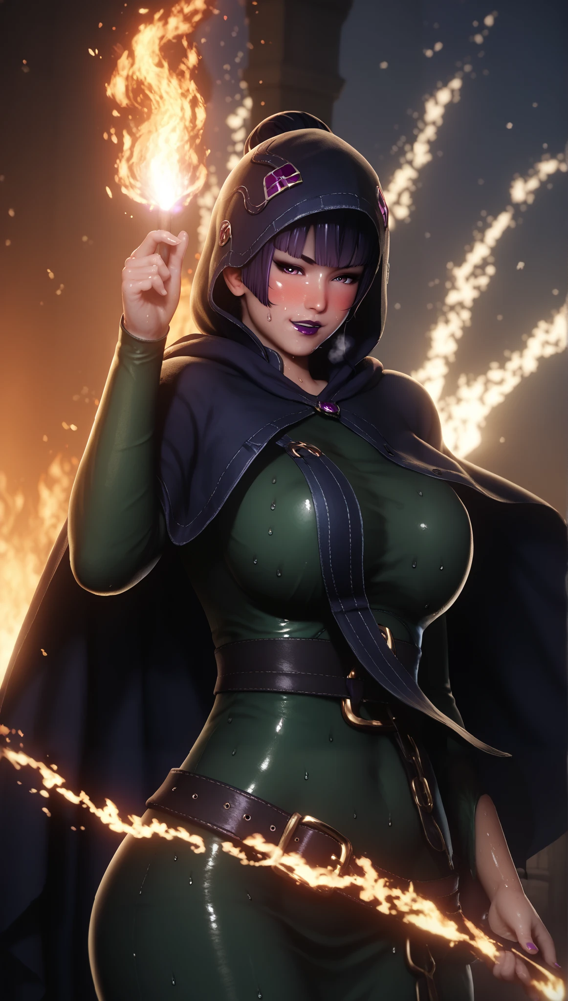 maidoll, (neisan style:0.7), uncensored, bouqtm, bouqtm, 1girl, nyotengu, single hair bun, purple eyes, huge breasts, purple lips, horny face, blush face, lips, naughty face, shiny skin, sweating, heavy breathing, gasping, sweating, excessive sweating, sweating drop, plump, 1girl, solo, looking_at_viewer, dress, fire, hood, cape, hood_down, magic, cloak, hooded_cloak, green_dress, belt