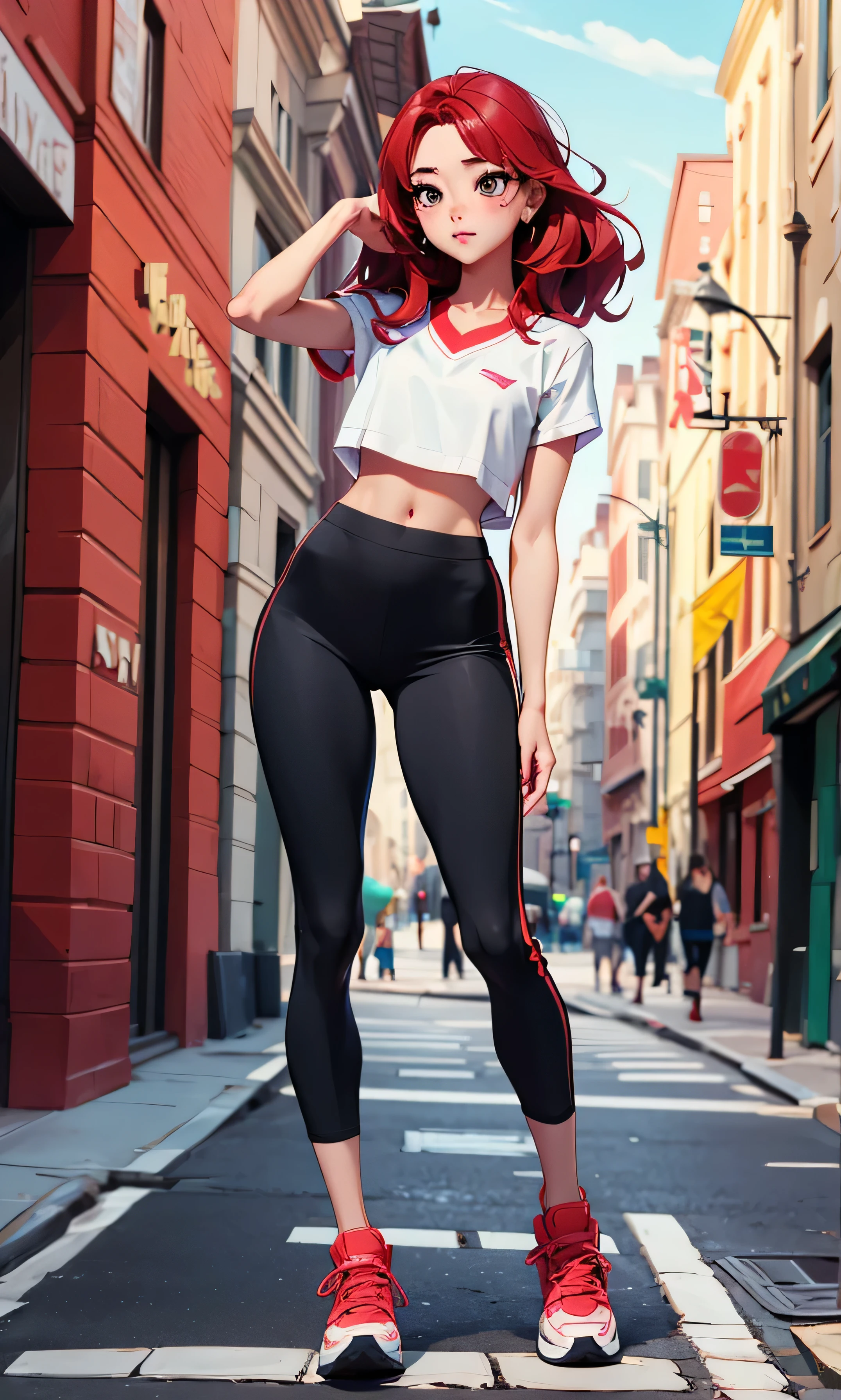 Masterpiece, high facial detail, a beautiful girl, Yuna ITZY, actress yuna, red hair, black eyes, blushing, full body, a tall girl, flat chest, abdomen, textured skin, nice legs, long legs, white top, black pants, sport shoes, head on, standing, sexy pose, in the street, full capture,