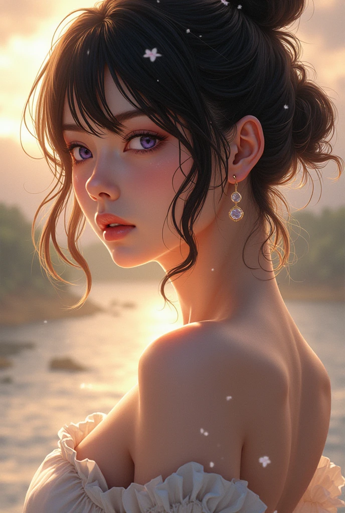One Girl,(1人のとてもcute女の子:1.3),masterpiece,Highest quality,High resolution,From below,Low - Angle,Photorealistic,RAW Photos,Ray Tracing,Physically Based Rendering,beautiful girl,(15 years old:1.3),cute,Big eyes,(detailed pupils:1.2),(The face is facing straight ahead:1.3),Body facing forward,Beautiful nose,High nose,Upturned nose,Fuller lips,Short black hair,ponytail,short hair,Detailed eyelashes,Thin eyebrows,Very fine grain definition,(Symmetrical eyes,Golden Ratio:1.3),(Face close-up,Face Focus:1.0),Small breasts,Short neck,White swimsuit,White Bikini,The background is the sea,Southern Island,sunset,Sunset,Portrait,View Viewer,Upper Body,Cinema Lighting,High resolution,Very detailed