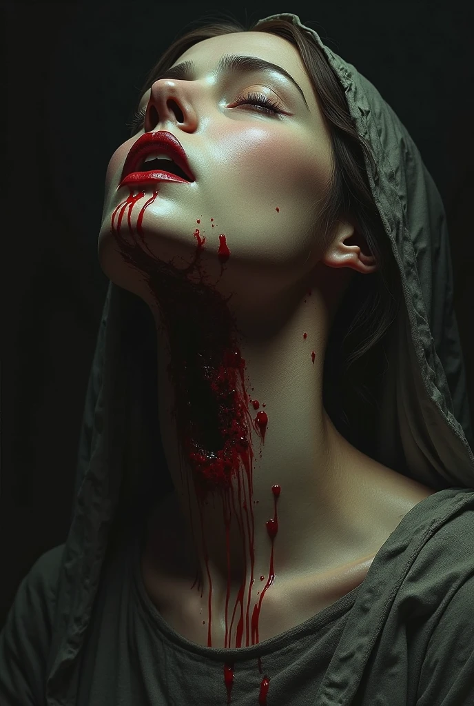 Draw a face covered in blood,Scary male creature full of muscles, massacre, Science fiction - the art of horror fiction, There is a female human face on the arms