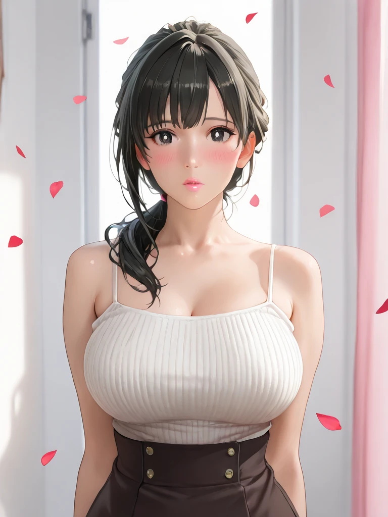 masterpiece, Best image quality, high resolution、solo、LOP,off shoulder outfit,big bust,、uniform、high-ponytail Hairstyle、Not wearing a bra、Sweaty face、latina, puberty,winters,,38 years old,Madame,goddess,mature 여성, mom,motherhood,mature,madam,wet nurse,clingy dress,middle-age