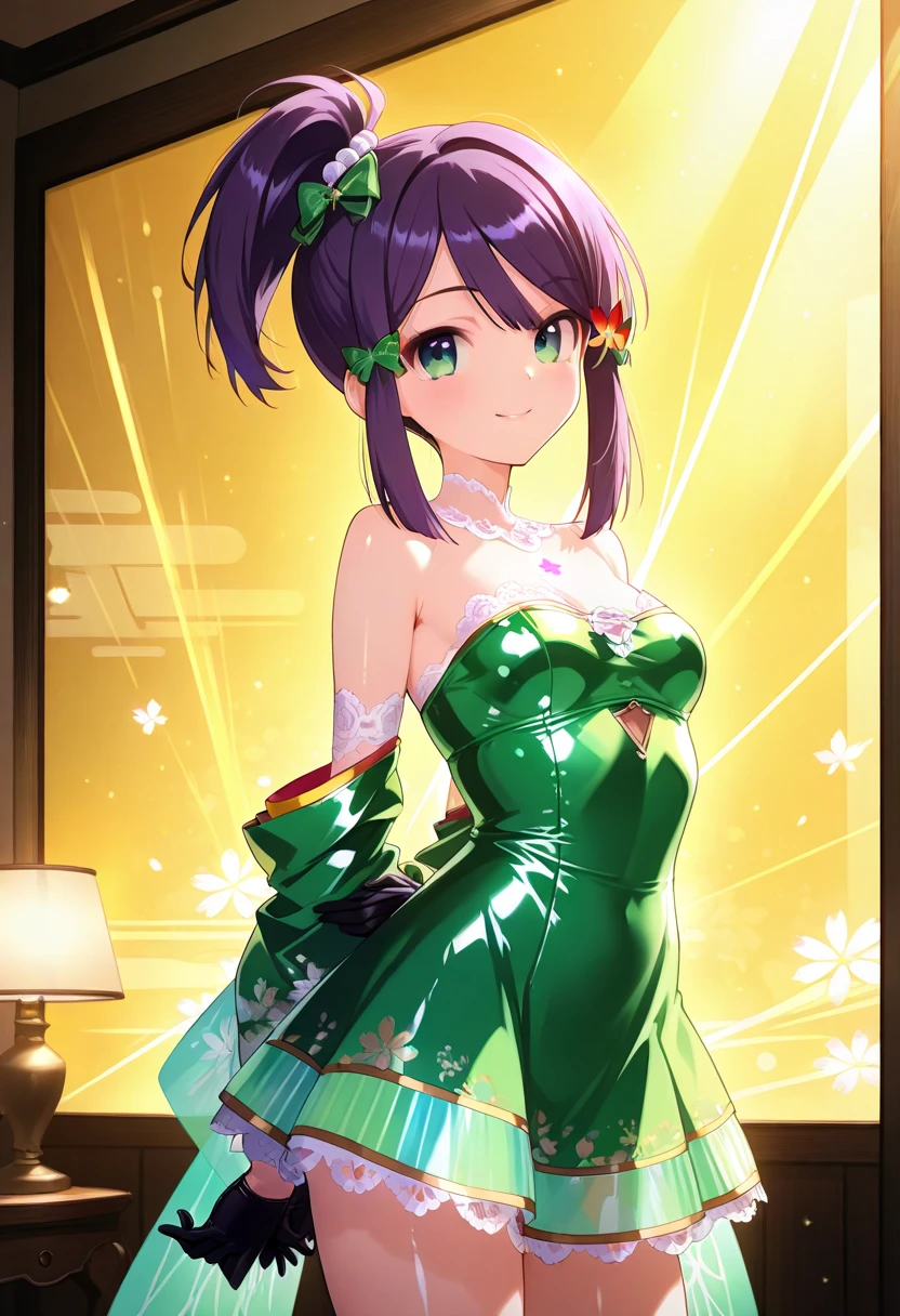masterpiece, best quality, highres, dark green hair, green eyes, jewelry, necklace, bare shoulders, turtleneck, green dress, elbow gloves, green gloves, <lora:touin_rina_v1:0.7>, cowboy shot, standing, stage, open mouth, smile, reaching out, outstretched arms,