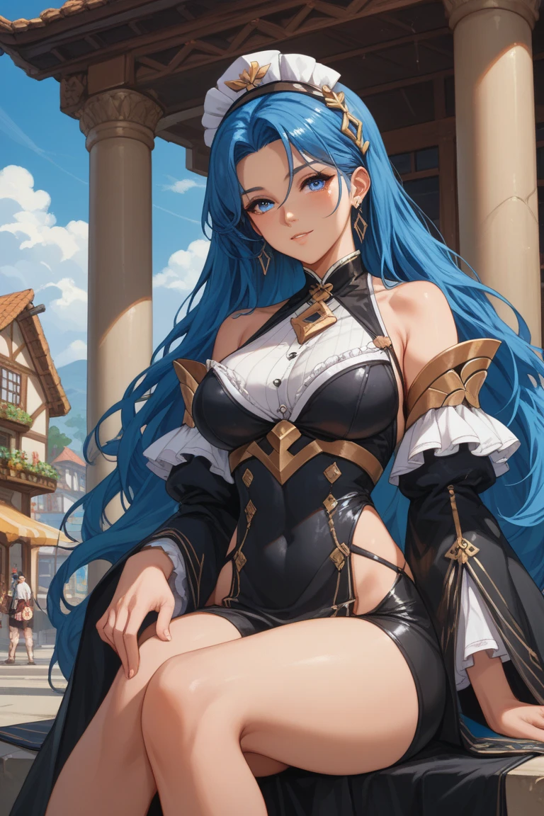 1girl, adult, white skin, HDR, UHD, 8K, masterpiece, highly detailed, slim, huge breasts, cat ears, golden eyes, messy hair, flipped hair, medium hair, blue hair, warrior uniform, standing in a castle