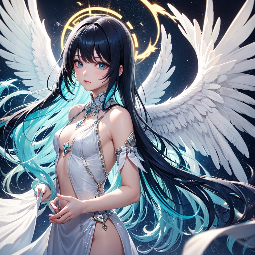 Jessica-Degg, solo, 1girl, angel blue gradient wings, white and gold robes, halo
