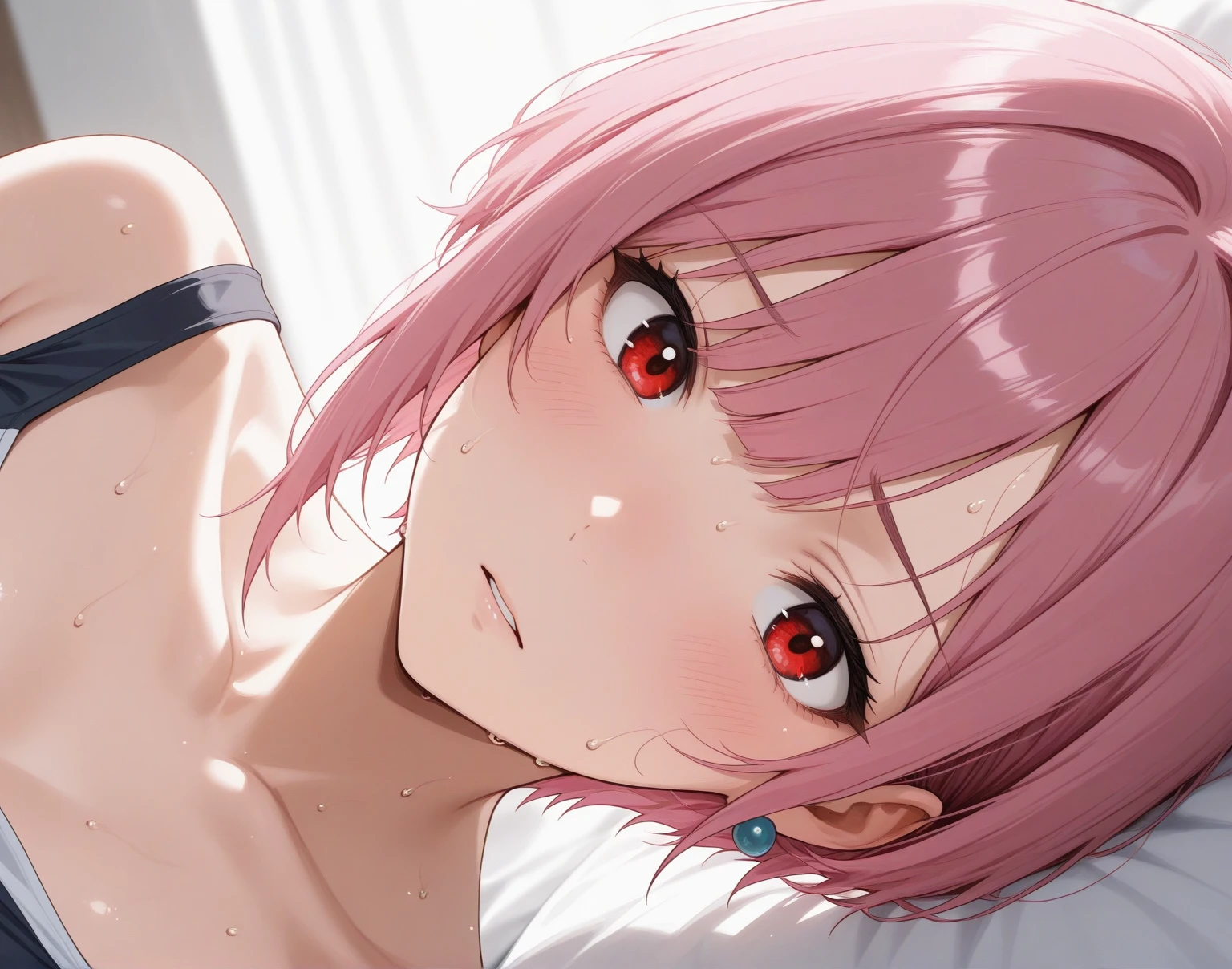 masutepiece, Best Quality,   1girl in,Komeiji Satori,Ahoge, Pink hair,Pink eyes,Short hair,shairband,  3rd eye, Bedroom background,fullnude、It is dripping with the mouth open and the tongue sticking out、enchanting posture、Face during estrus、Lying on your back、Eyes of Hearts