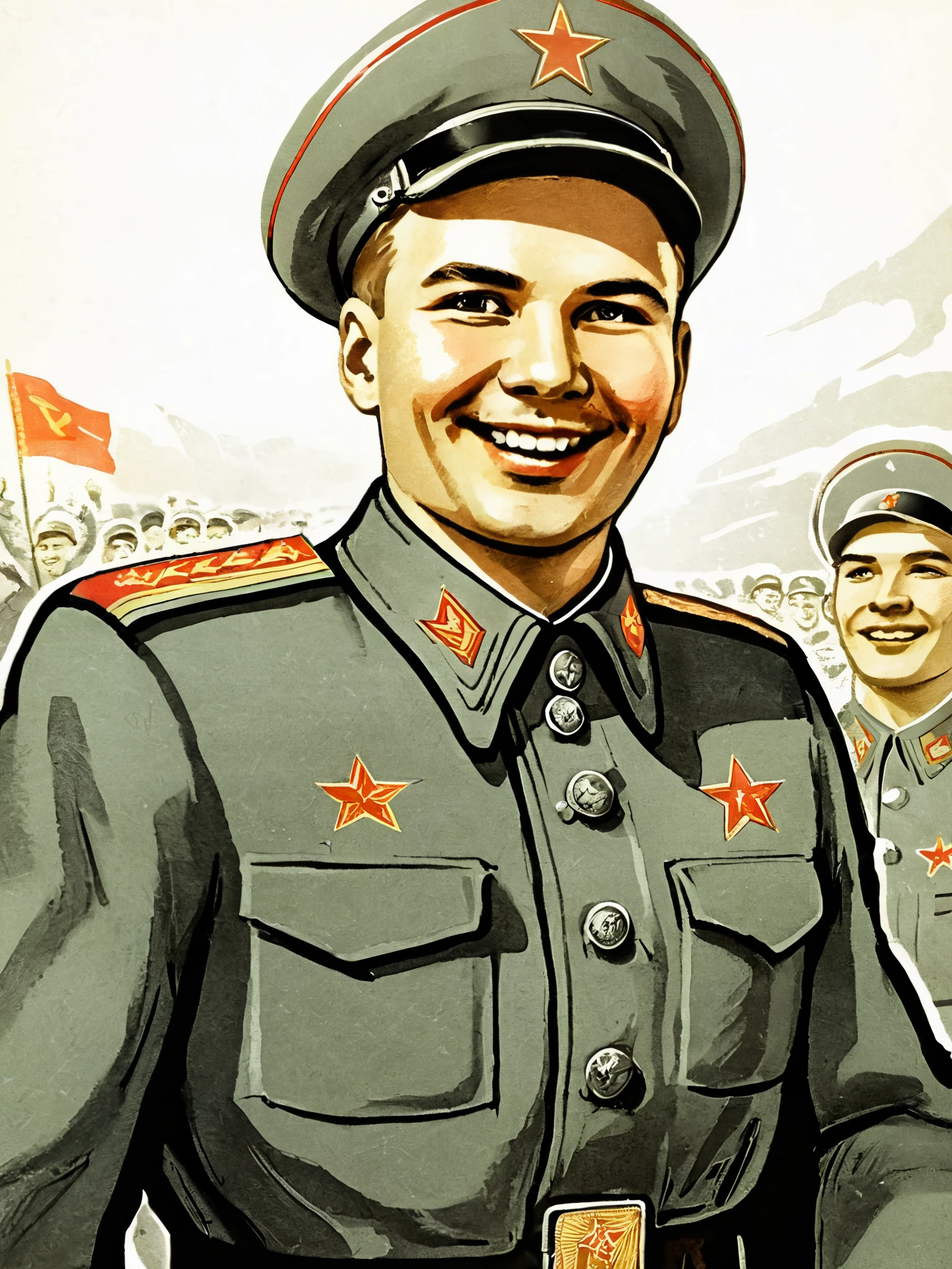 Score_9,Cheerful Soviet soldier, military uniform with ushanka, smiling, soviet poster, drawn as an outline coloring page, clean black lines, minimalistic style, vector illustration, high resolution, optimized for coloring.