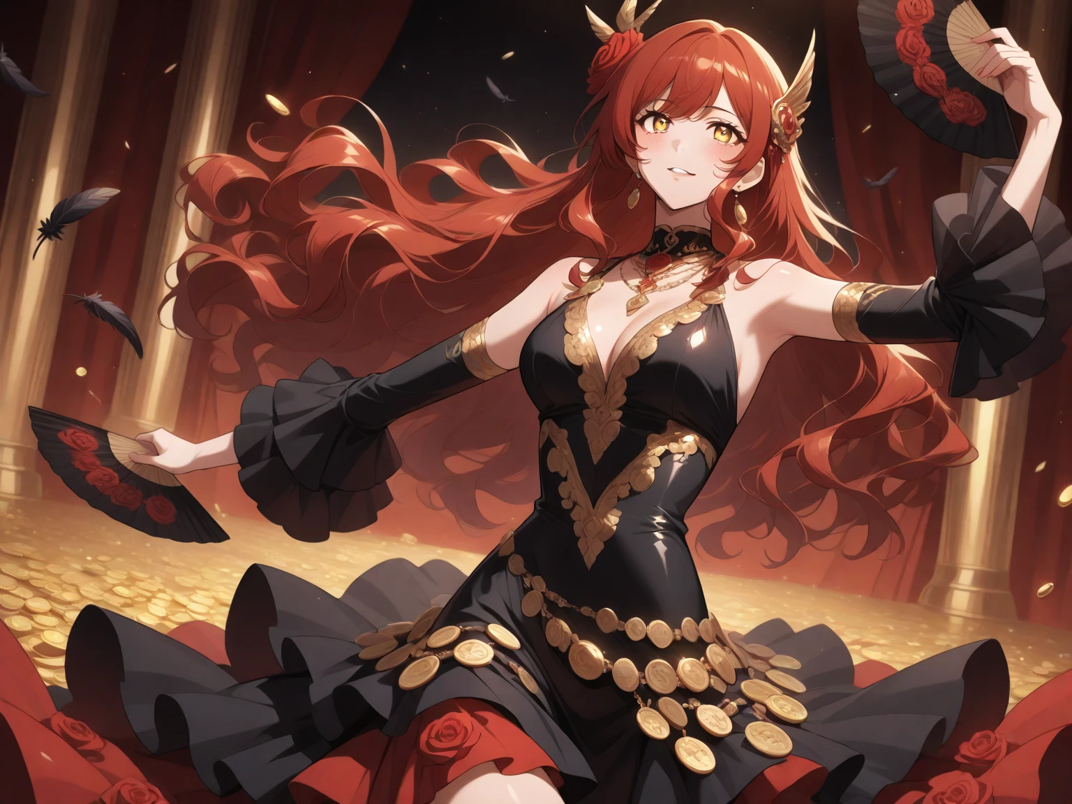 Nilou GI, (anime:1.4), (pastel colors:1.4), ((masterpiece)), (best quality), (extreme detail), perfect body, solo, 1girl, (long smooth red hair), detailed eyes, wide-eyed, eyelashes, (solid green eyes), large breasts, looking at viewer, (focus face:1.6), (portrait face:1.3), (in a castle:1.4), (black dress:1.4),