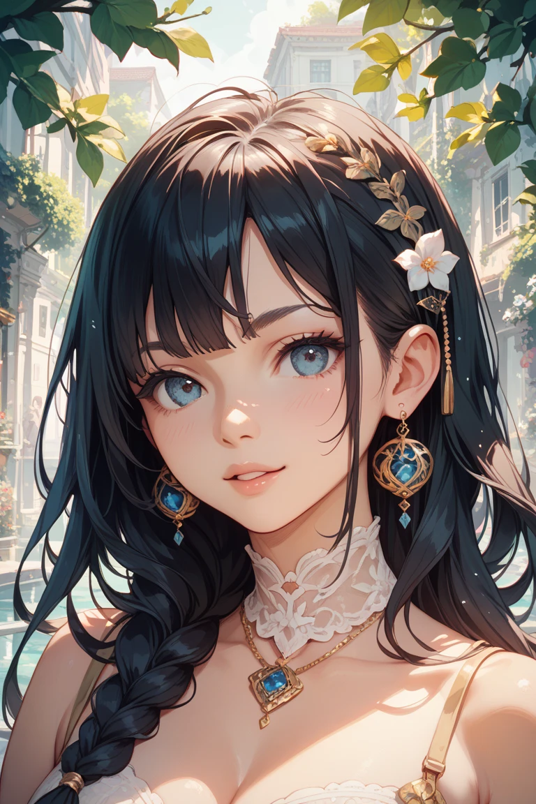 Noble woman, skin black, yellow  eyes, brown hair, comprido, the background is a palace hall 