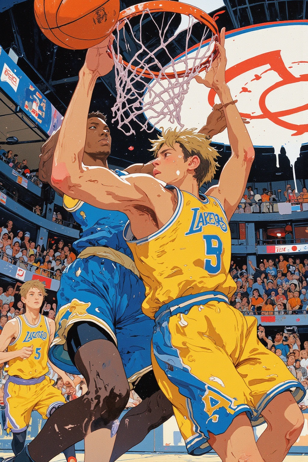 ((best quality))、(super high image quality)、(Super Detail)、(detailed description)、(Best CG ))、(masterpiece)、ArsMJStyle、(Zen ink wash painting)、slam dunk_Mitsui Hisashi、Mitsui Hisashi's 3P shot、(SPARK exciting three-point shot、angle from directly below)、when you give up the game ends there、realistic expression、age up 、 cowboy show 