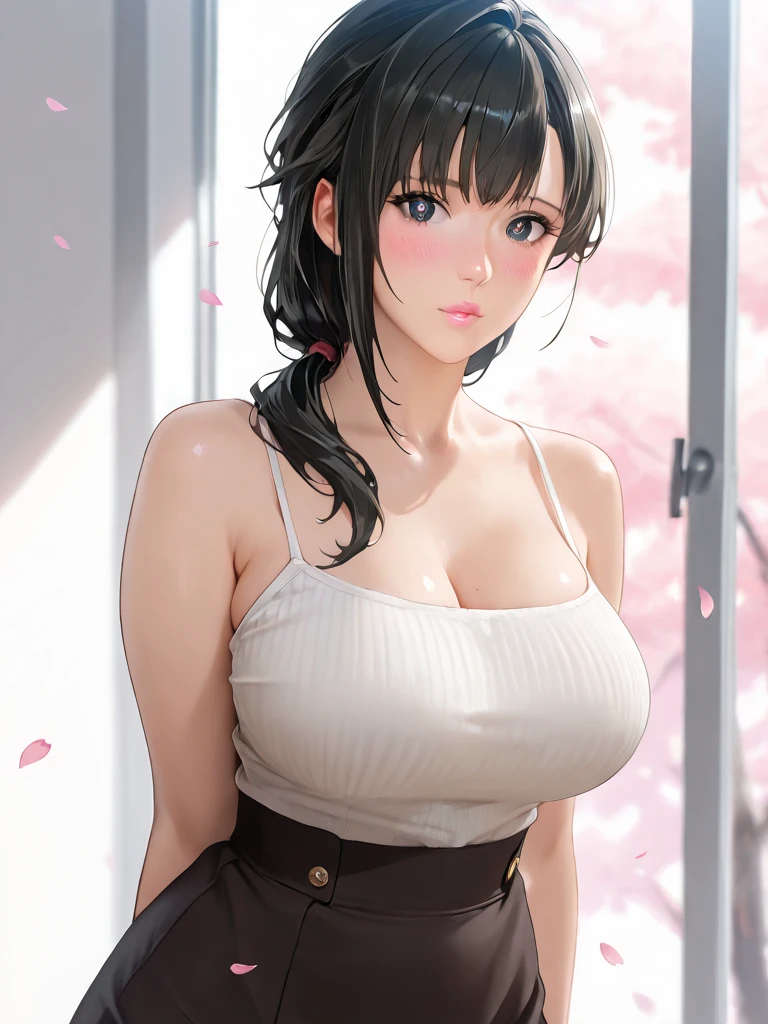 (masterpiece, best quality, ultra detailed), ((blush all over face)), (detailed background: 1.2), (perfect face, detailed face), looking at viewer, (mature woman: 1.4), thick thighs, 1girl, alone, clorinde, long hair, big breasts, short blouse, hair between eyes, short skirt, miniskirt, thigh strap, white blouse (bedroom, standing, arms behind her back , leaning forward),