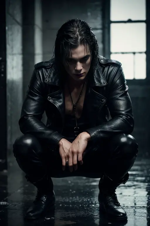 (best quality, ultra-detailed, realistic:1.37), intense lighting, monochromatic color palette, horror, close-up portrait, wet effect, dramatic expression, blurred background, wet streets, raining, reflection on his skin, dark city lights, man on his 30 yo brandon lee, the crow movie, pale skin, the crow movie make up, shiny, intense stare, gloomy ambience, hauntingly beautiful, mysterious atmosphere, close up, a crow on his shoulder, mid distance shot, naked thorso , blood on his hands and forearms, black leather trousers, chains, black boots, wet hairs ,wet body,