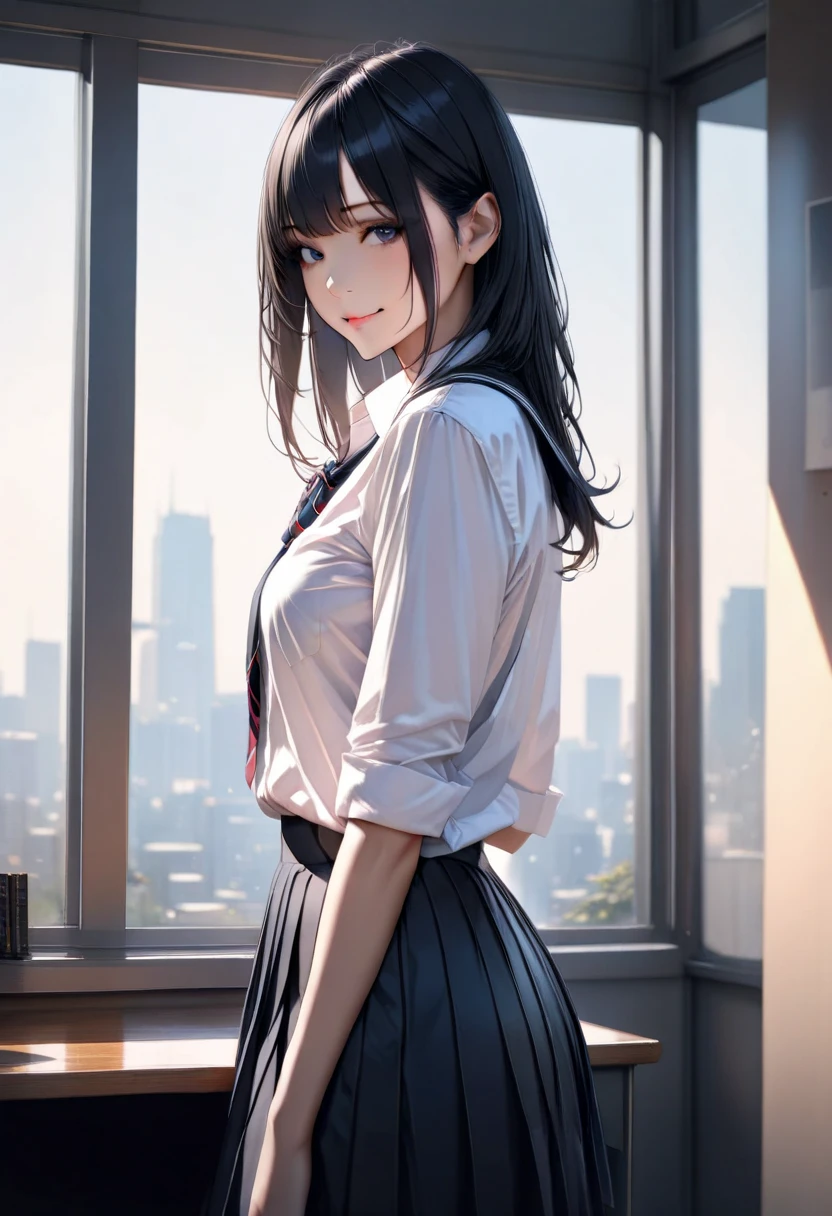concept:A portrait of a beautiful woman。 

quality:NSFW, (最高quality, 4k, High resolution, masterpiece:1.2), Super detailed, (real, photorealistic:1.37), 

illumination:cinematic light, Bright colors and mesmerizing effects, 柔らかく繊細なillumination, gentle shine, Lens flare, Beautiful and gentle atmosphere throughout the scene, 

Subject information:alone, ((young woman)),  (round eyes), (small face), (high detail skin:1.2), long eyelashes, glossy lips, (black hair, long straight, reddish brown eyes), slim body shape:1.4, A woman with a slender body and big breasts, Highly detailed face and skin texture, (happy expression), ((facing the front:1.2)), (Raise your arms and put your hands behind your head:1.5, photo shootのためポーズをとる, sexy pose), (((school uniform, girls school uniform:1.2, 40 denier stockings))), 


Other details:after school:1.5, standing pose:1.2, beautiful skin, shiny skin, perfect fingers, five fingers, anatomically correct, background bokeh, 500㎜, f/4, photo shoot,