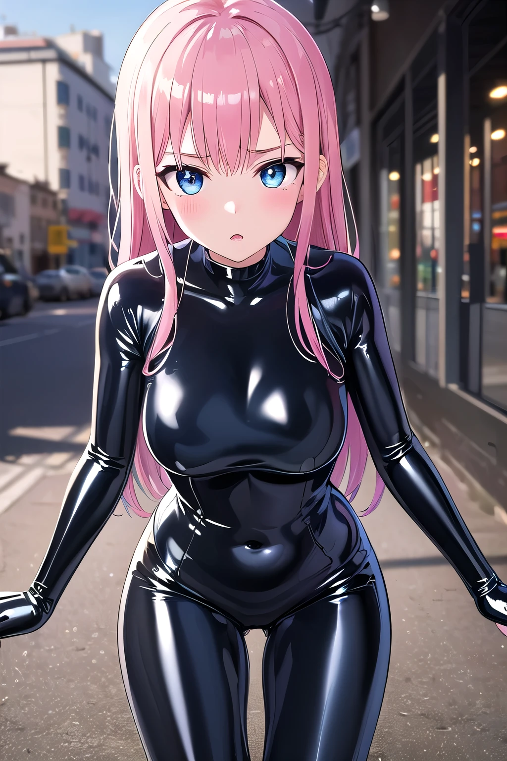 pelo rosa, pelo color rosa intenso, pink hair, ojos azules intenso, ojos color azul, intense blue eyes, electric blue eyes, blue eye color, labios enormes, labios hinchados, ponytails hairstyle, ponytails, pechos grandes, pechos enormes, Figura de reloj de arena, (cintura estrecha), confianza, superioridad, bratty, brat, malcriado, bully, muslos gruesos, pendientes, arriba, diafragma, Bermudas, sonrisa, medio plano, evil sonrisa, sudoroso, cara de gemido, tight black latex suit, elegant woman, big tits, holding her purse, from the front, in the middle of the street (outside, shiny, people on background, global ilumination), big breasts, grande culo , big hips, front