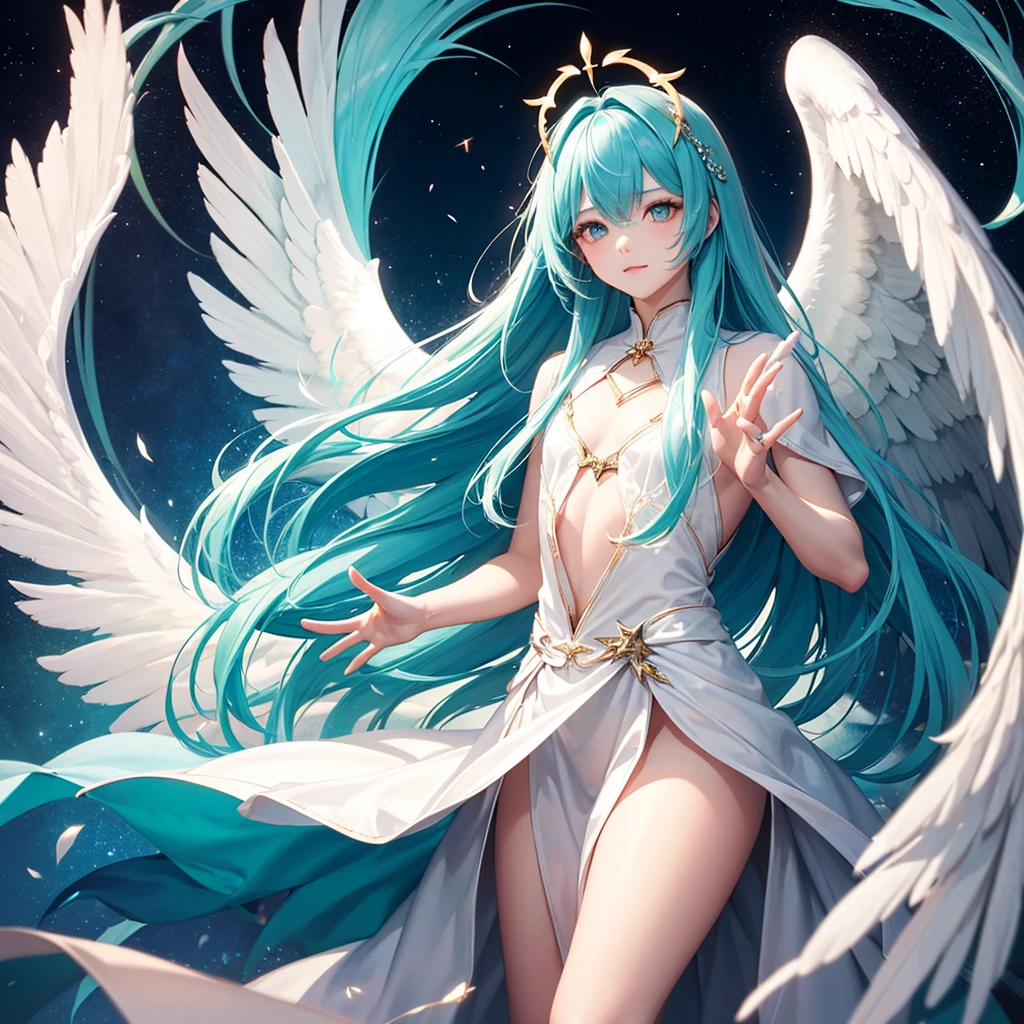 (Masterpiece: 1.4), (Best Quality: 1.4), (Very Cute Angel Girl, Super Detailed Face, Jewel-like Eyes, White Very Long Hair, Colorful Gradient Hair: 1.4), (Angel Ring:
1.4), (Angel Wings: 1.4), (Full body, perfect 2 arms, perfect 2 legs: 1.4), Perfect 4 fingers: 1 thumb, light, shine, bokeh, super fine
