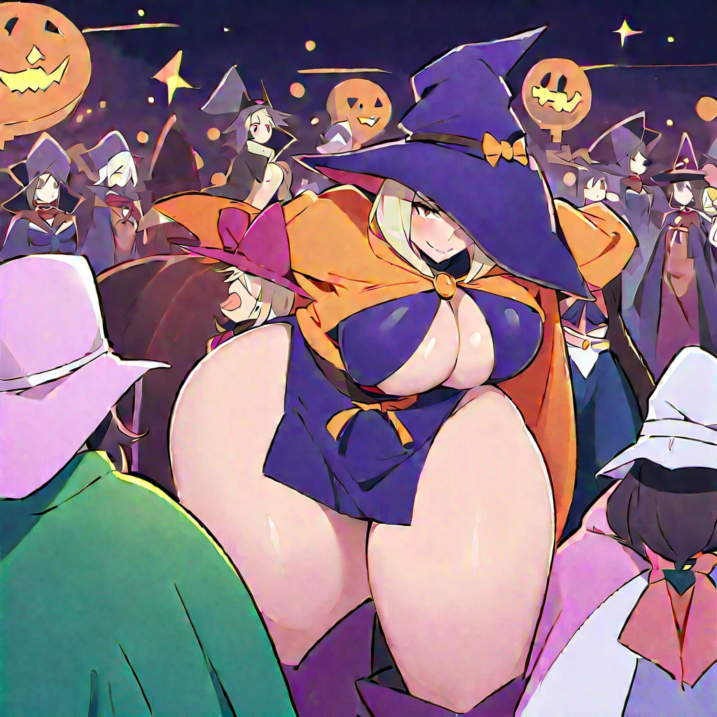 Mulher mais velha, na casa dos 30 anos, com cabelo roxo longo e corpo alto e cheio de curvas, de costas, bunda, (obra de arte, Melhor qualidade:1.2) , Big witch hat, seios grandes, Sozinho