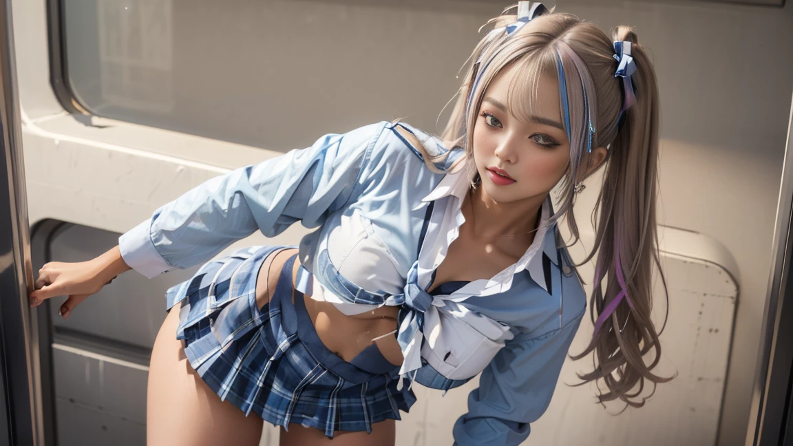 high school girl,(Anatomically correct:1.2),(masterpiece, highest quality),1 girl, 15 years old、alone, Arm Support, From below, Ass Focus, Backward Shot, View audience,
Break Girl, White collared shirt, Black Skirt:1.2, White thong panties, Lace panties, Pink Hair, Purple eyes, Wide Hips, A shy smile, Between the legs,blonde,platinum,In town,stage,office Street,garden,crowd,corridor,intersection,the way,Multi-tenant building